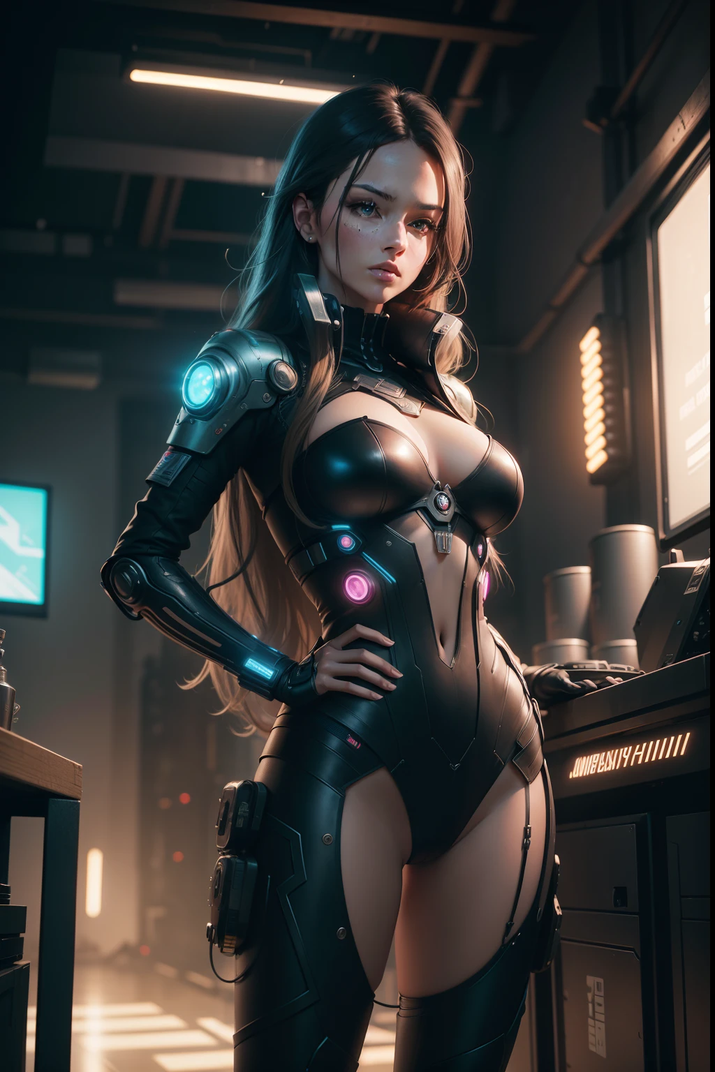 Super fine beautiful sexy woman, pretty face, cyberpunk world: 1.5, 25 years old, 150mm, long hair, beautiful studio light from nearby buildings, vibrant details, dark background, octane rendering, 8k, best quality, masterpiece, Illustrations, A very determined and beautiful, extremely detailed, CG, unity , wallpaper, (realistic, photo-realistic: 1.37), Amazing, finely detail, mastery, best quality, official art, extremely detailed CG unity 8k wallpaper, robot, full body, full body shooting, standing, hands on her hips
