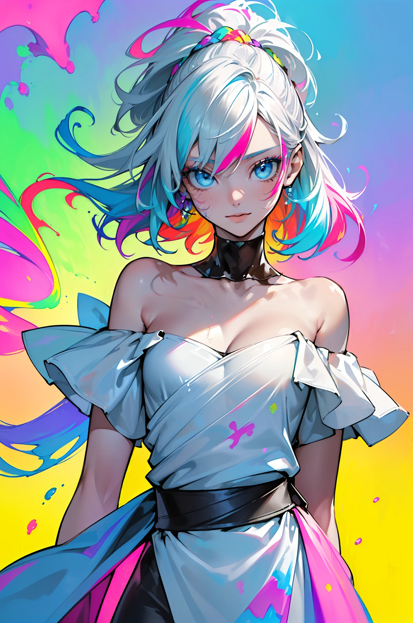 (Colorful hair: 1.8), (all colors of the rainbow: 1.8),(((((Vertical painting:1.6))), (Painting:1.6),Front, Comics, Illustrations, painting of a, largeeyes, Crystal clear eyes,( rainbow color gradient high ponytail:1.7), Exquisite makeup, Closed mouth,(Small Fresh: 1.5),(Wipe Chest: 1.6) ,Long eyelashes, white off-the-shoulder T-shirt, White Shoulder Shirt,staring towards the viewer, watery big eyes, (Rainbow-colored hair:1.6), colored splashing, (Solo:1.8), colored splashing, Color explosion, Thick Paint Style, Messy lines, ((Shining)),(Colorful), (Colorful), (Colorful), Colorful, Thick Paint Style, (Splash) (colored splashing), Vertical painting, Upper body, Paint splashes, Acrylic Pigment, Gradient, Paint, Highest image quality, Highest quality, masutepiece, Solo, depth of fields, facepaint, multicolored clothing, (elegant: 1.2), Gorgeous,Long hair, Wind, (elegant: 1.3), (Flower petals: 1.4),(((masutepiece))),(((Best quality))),((Ultra-detailed)),(illustration),(Dynamic Angle),((Floating)),(Paint),((Disheveled hair)),(Solo),(1girl in) , (((Detailed anima face))),((beautifull detailed face)),Collar,Bare shoulders,White hair, ((Colorful hair)),((striated hair)),Beautiful detailed eyes,(Gradient color eyes),(((Colorful eyes))),(((Colorful background))),(((High color saturation))),(((Surrounded by colorful splashes))),