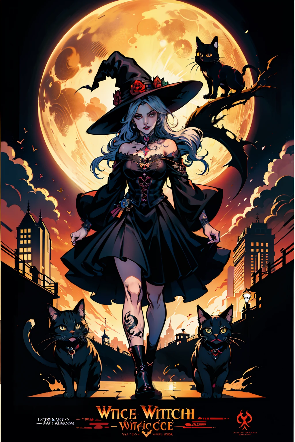 Tattoo convention poster with a tattooed witch with black dress and witch hat, com cabelos brancos, um gato preto ao lado e uma casa sinistra, lua cheia, morcegos voando