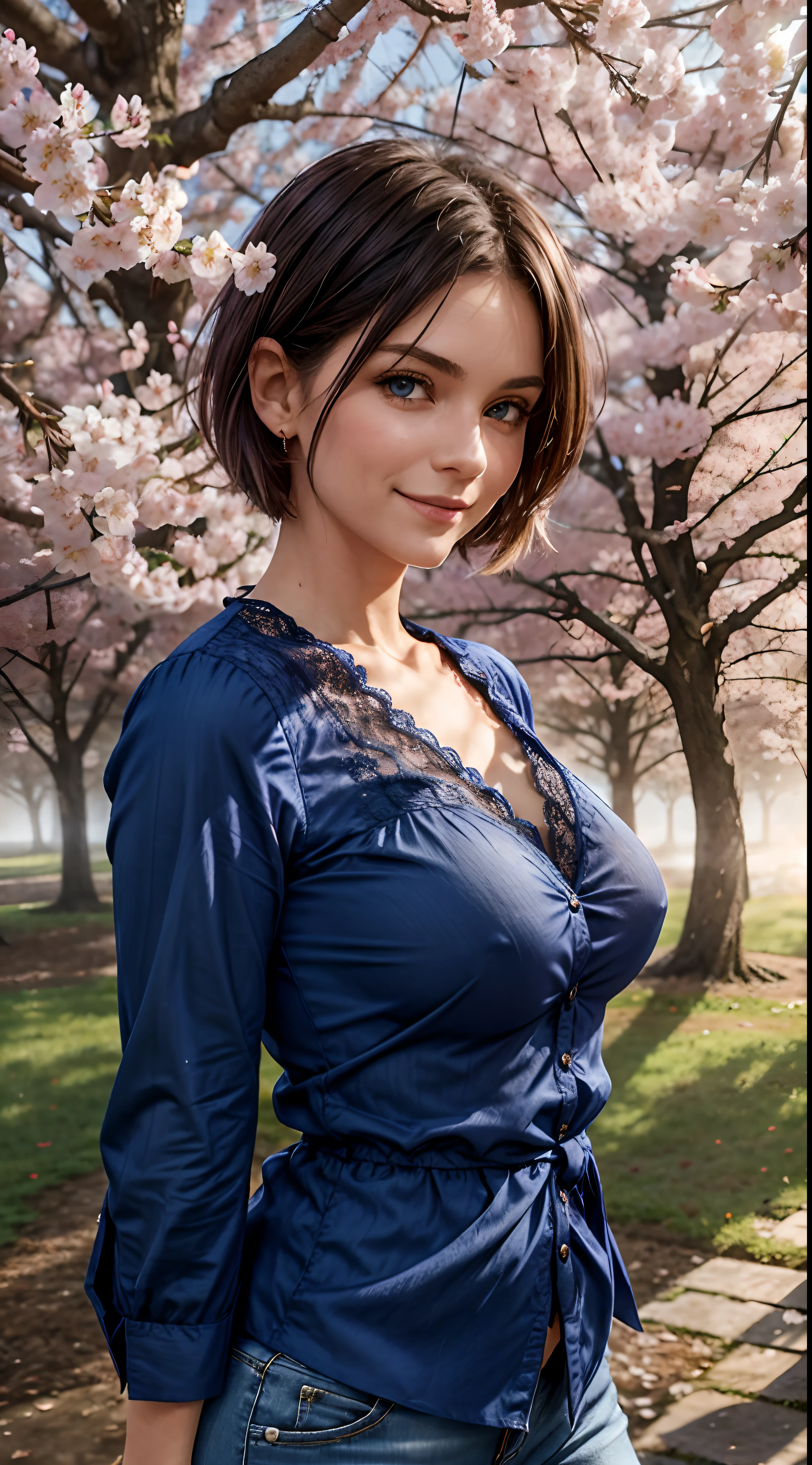 Masterpiece, very beautiful french brunette woman, 45 years old, perfect body, wearing a lace (deep blue shirt :1.3) with lace extremely detailed, wearing a white jeans, posing for photo, smiling seductively, excited, short hair, fringe hair, round face, big green eyes, glitter eyes, slight curvy details, Perfect small Round titts, without bra, in a Japanese park, cherry blossoms, on the side from a tree, spring day, falling flowers, sunrise light, volumetric sun light, fog, sunbeams