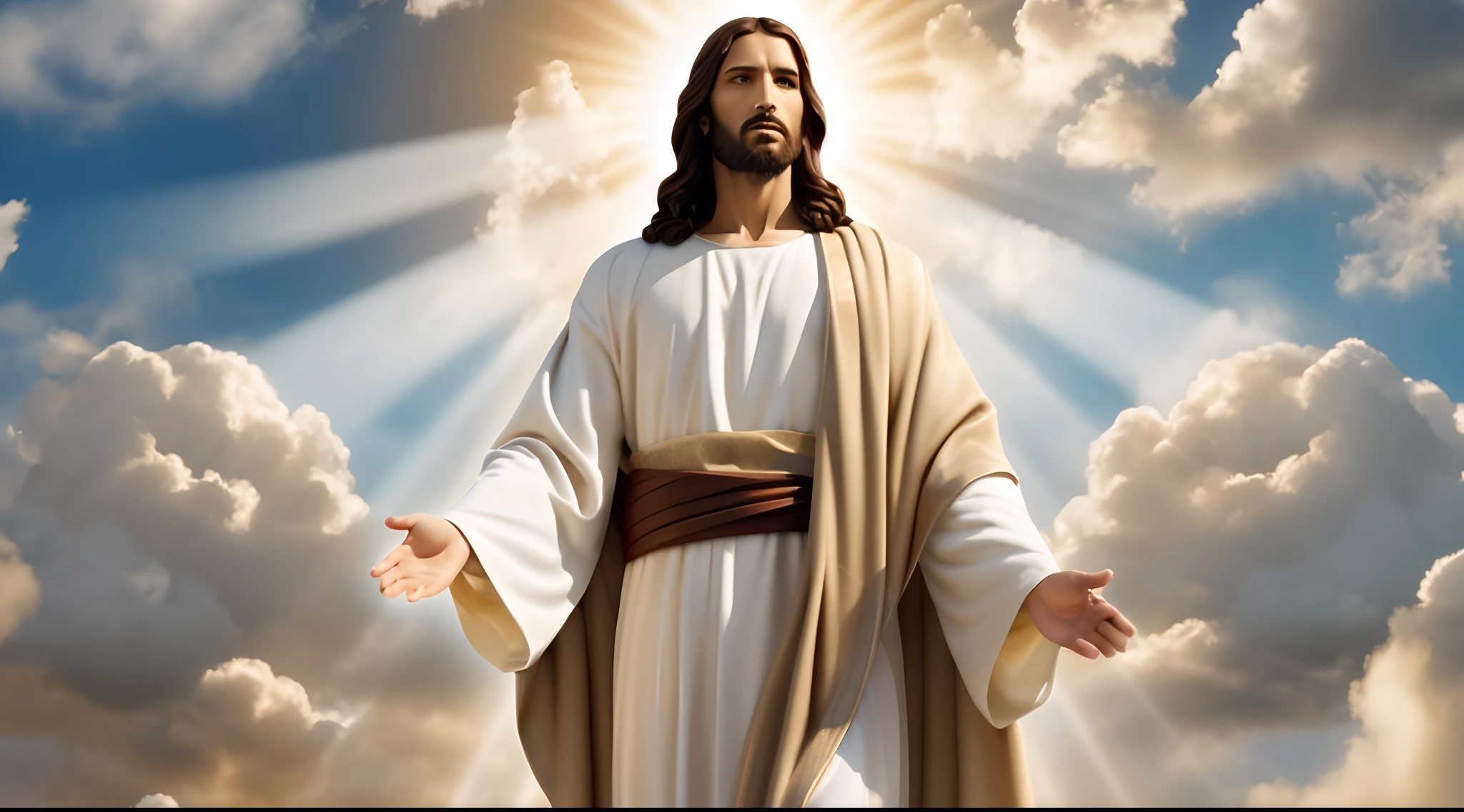 Imagem corpo inteiro de Jesus cristo, Jesus is wearing robes, vestes brancas e puras, robes exuding his glory, maximum quality, maximum details, imagem realista, ultrarrealista, Maximum quality in everything