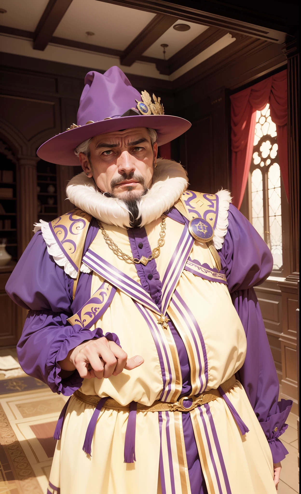 Ambassador, luxurious and expensive and detailed ambassador clothes, 16th century, renaissance, age of exploration, suspicious, cunning, Portuguese, 16th century, renaissance, man, age of exploration, age of 50, impressive, Deep outline, energetic, ambitious, diligent, opportunist,Ingenuity, cruel, pitiful, frustrated, ill-fated, hate, want to revenge, destructive, nervous