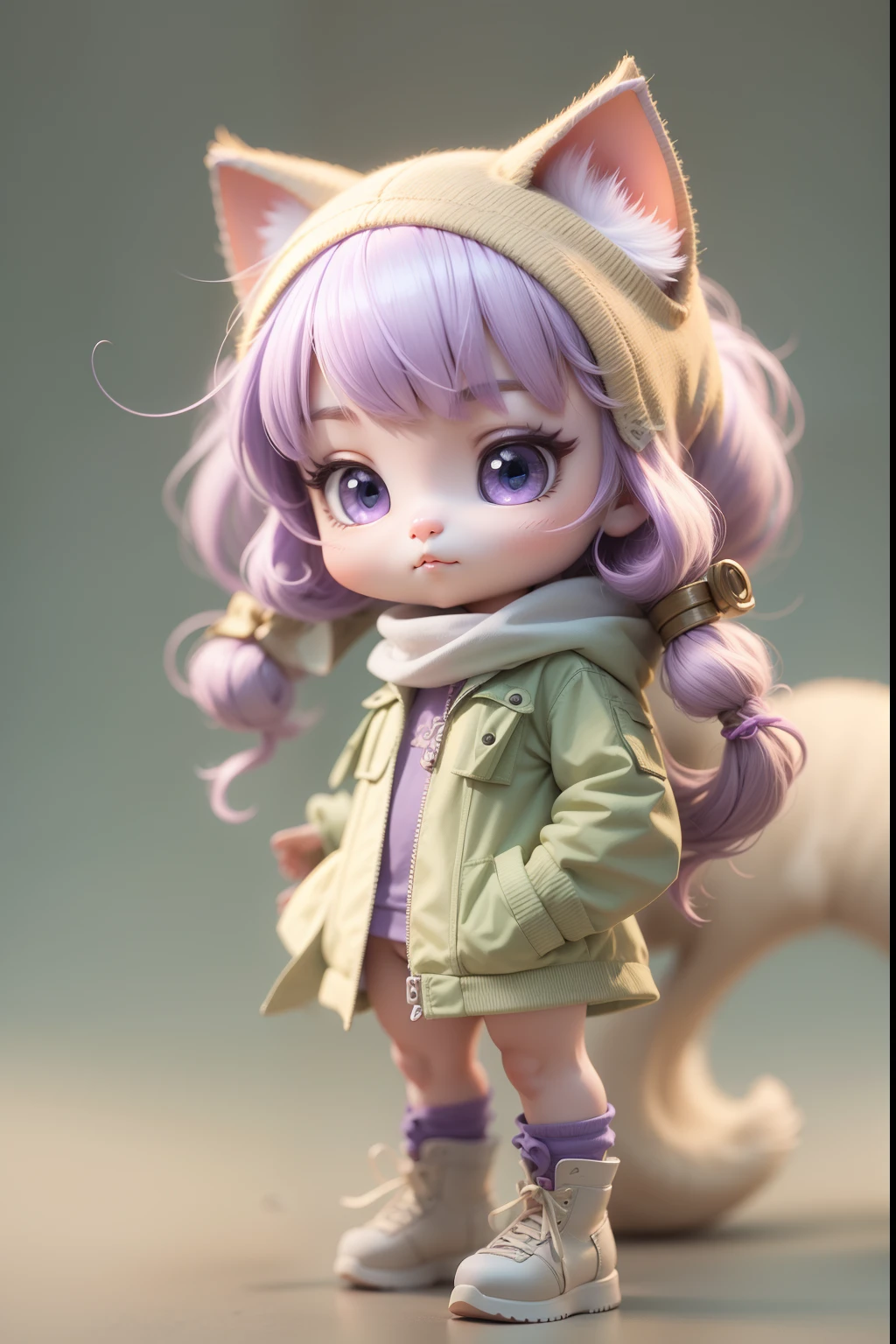 Cute little character in bright 3d with front, A kitten, Twin-tailed, girl with, Light purple hair, Detailed hair, Beige cat
