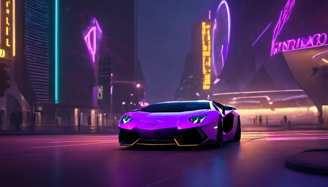retroonda. cidade,Lamborghini Aventador, Kit de Corpo Largo, caminho, PURPLE NEON MONITOR LIGHT, sol, montanha, (master part, circunstanciado, A high resolution),Octano. trending on ArtStation, estilo cyberpunk ， hiper-realista, Estilo Lamborghini Ousado, arte conceitual digital de alta qualidade