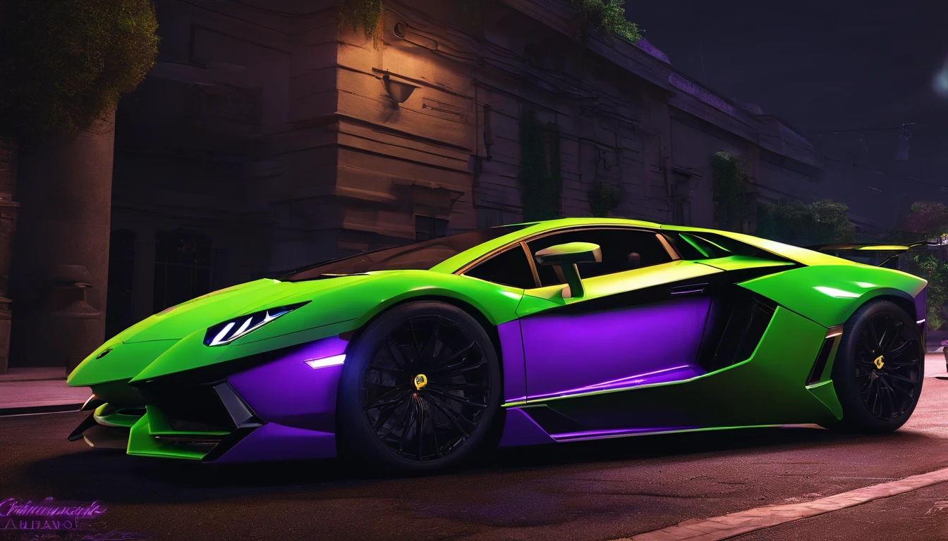 retroonda. cidade,Lamborghini Aventador, Kit de Corpo Largo, caminho, PURPLE NEON MONITOR LIGHT, sol, montanha, (master part, circunstanciado, A high resolution),Octano. trending on ArtStation, estilo cyberpunk , hiper-realista, Estilo Lamborghini Ousado, arte conceitual digital de alta qualidade