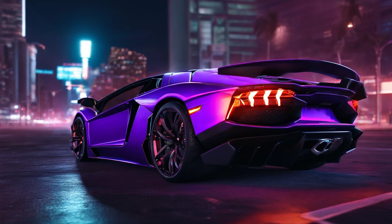 retroonda. cidade,Lamborghini Aventador, Kit de Corpo Largo, caminho, PURPLE NEON MONITOR LIGHT, sol, montanha, (master part, circunstanciado, A high resolution),Octano. trending on ArtStation, estilo cyberpunk , hiper-realista, Estilo Lamborghini Ousado, arte conceitual digital de alta qualidade