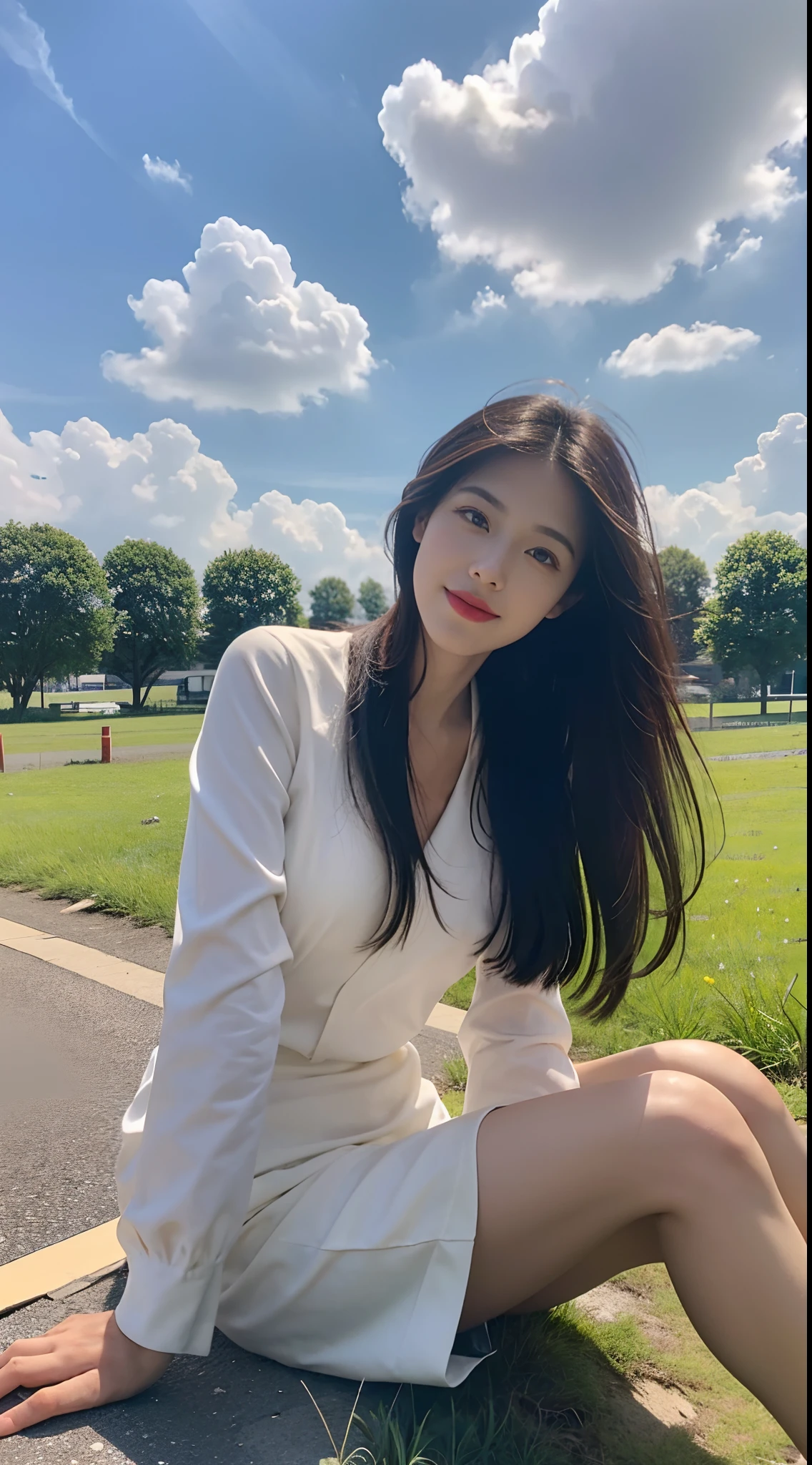 ((Best Quality, 8K, Masterpiece:1.3)), A beautiful girl, pure, melon face, gentle and cute, sweet smile, pure desire, thin figure, (frontal), (tilted head), looking directly at the camera, uniform, obi, formal, black silky long straight hair, long hair flowing over the shoulders, round black big eyes, clear big eyes, moist red lips, sweet, sitting on the side of the road, blue sky and white clouds, grass, buildings,