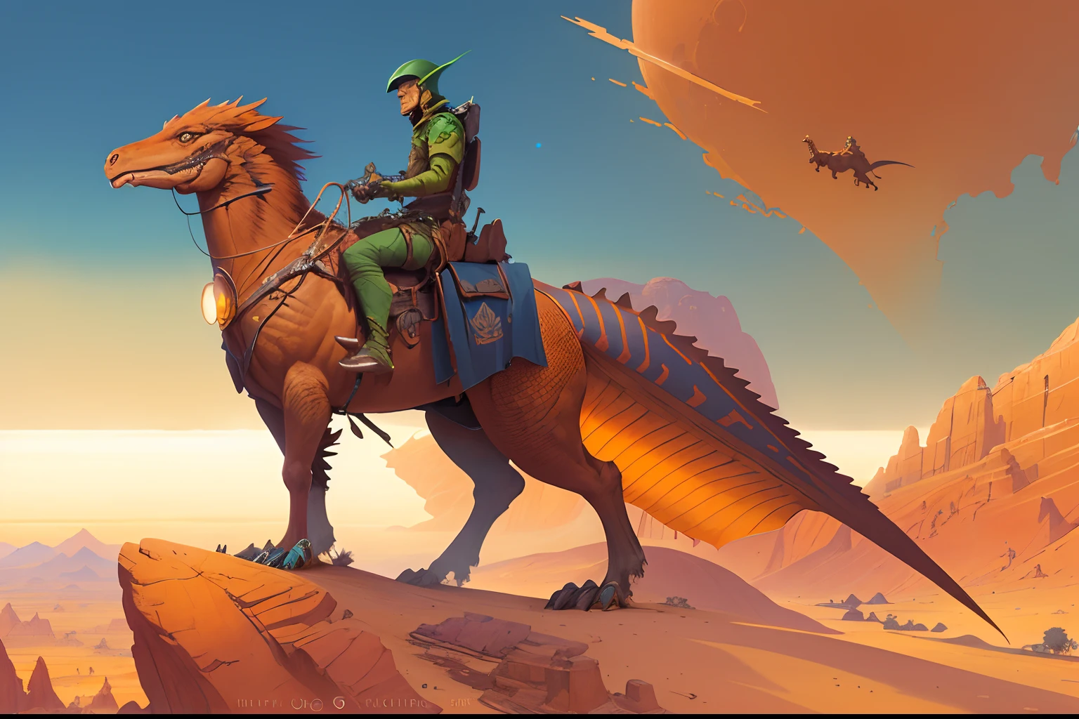 there is a man riding a horse on a hill with a sky background, riding a cyborg raptor, epic fantasy sci fi illustration, android jones and rhads, moebius + loish + wlop, sci-fi fantasy art, inspired by Tim Hildebrandt, dragon rider, desert nomad, matte scifi fantasy painting, beeple and jean giraud