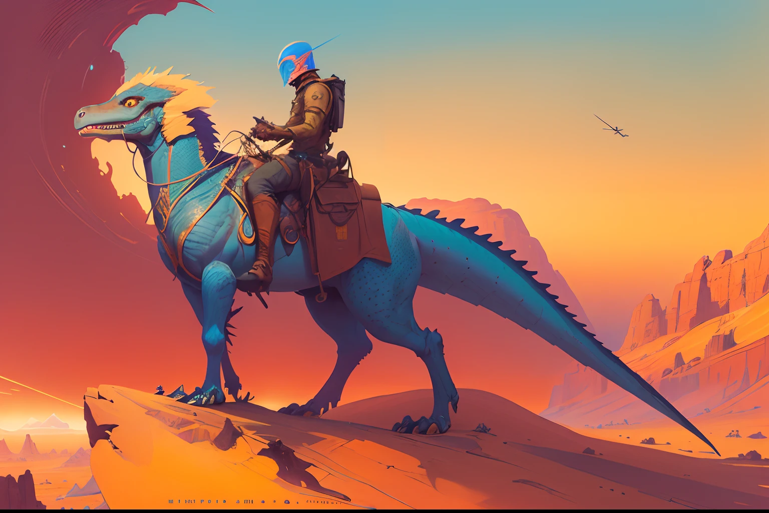 there is a man riding a horse on a hill with a sky background, riding a cyborg raptor, epic fantasy sci fi illustration, android jones and rhads, moebius + loish + wlop, sci-fi fantasy art, inspired by Tim Hildebrandt, dragon rider, desert nomad, matte scifi fantasy painting, beeple and jean giraud
