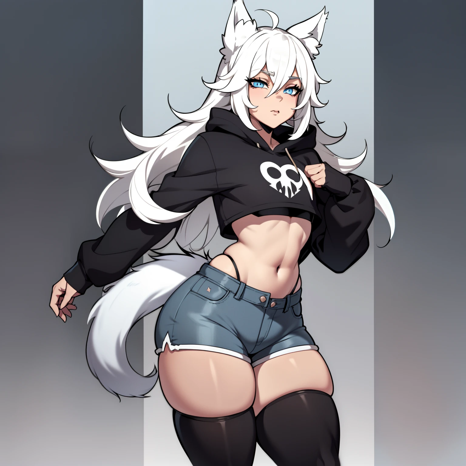 Single boy, Anime Femboy, Short, Long white hair, wolf ears, wolf tail, blue eyes, wearing jean short shorts, thigh high socks, black combat boots, wearing cropped black hoodie, flat chest, super flat chest, solo femboy, only one femboy ((FLAT CHEST)), wide hips, thicc thighs, happy, nice butt, lobo written on hoodie, bent over