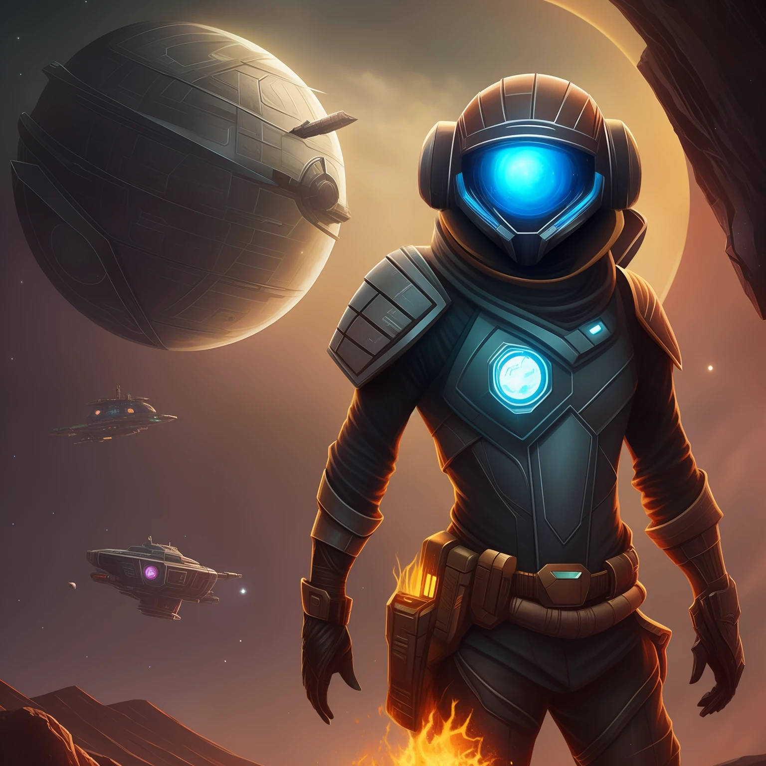 There's a woman with a backpack standing on a hill, traje espacial brilhante, aventura ousada sci fi, personagem starfinder, personagem sci - fi, estilo de starfinder, com equipamento futurista e capacete, sci - fi piloto, personagem scifi, arte conceito imaculada, estilo starfinder, conceito de sci-fi conceito, sci-fi skin, epic