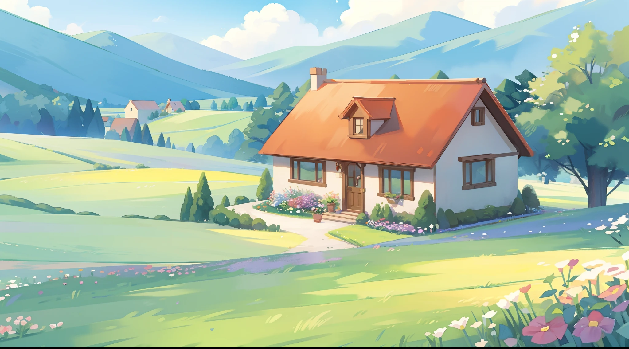 countryside fantasy, watercolor illustration, whimsical, vibrant warm colors, huge overgrown cottage mansion, sharp details, meadow, vines, colorful flowers, perfect architecture