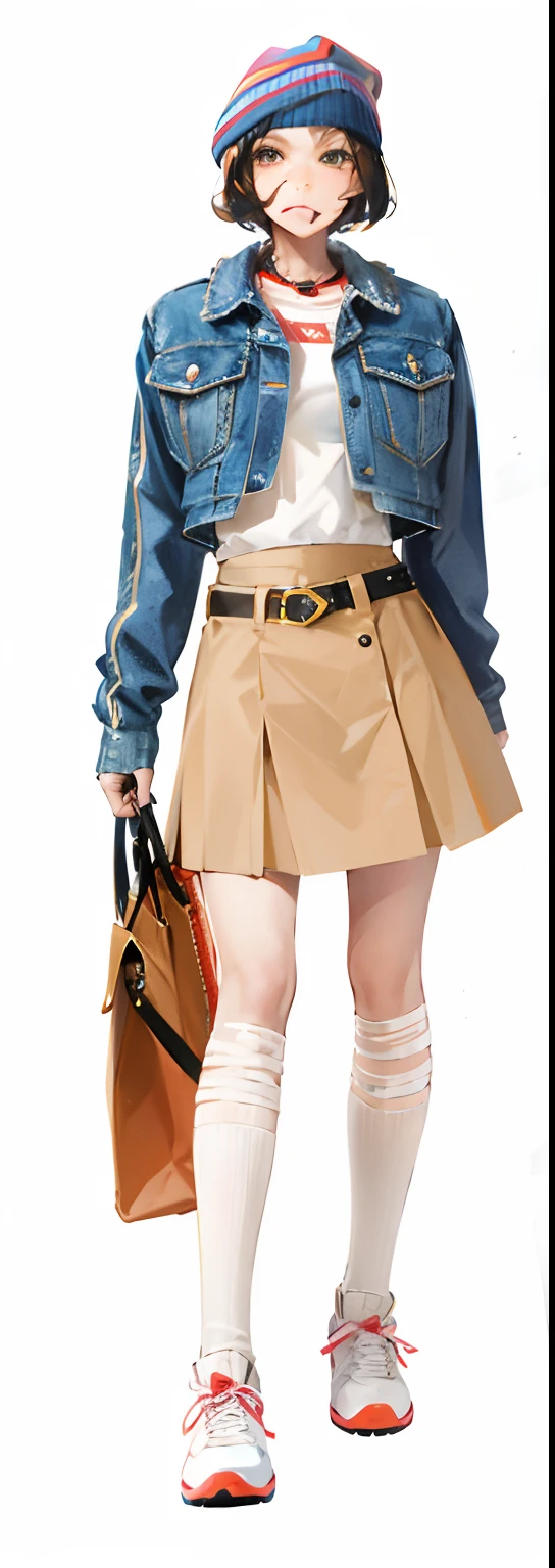 Aalfi wore a skirt and jacket,Carrying a handbag, wide skirt, Miniskirt, mini-skirts, Mini skirt, Pleated miniskirt, wearing dresses, short skirt length, Pleated skirt, skater skirt, Short skirt, short miniskirt, 2 0 2 0 fashion, big breasts thin waist, wearing honey - themed miniskirt, Beige