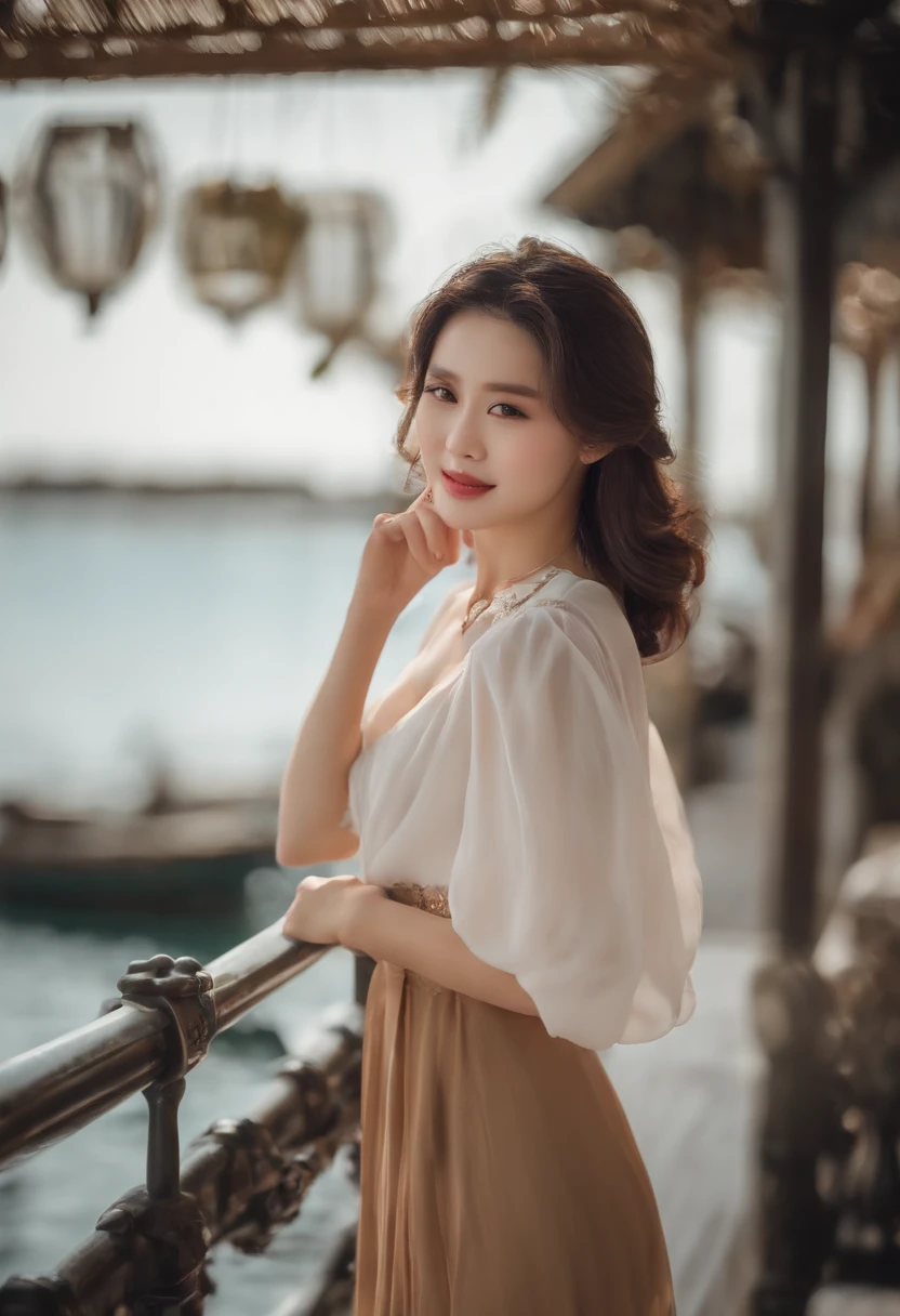 ((top-quality、8K、​masterpiece:1.3))、1girl in、Slim beautiful woman:1.3、(Casual Hairstyles、huge tit:1.2)、Casual clothing:1.2、By the sea、Super Detail Face、Delicat eyes、二重まぶた、kindly smile