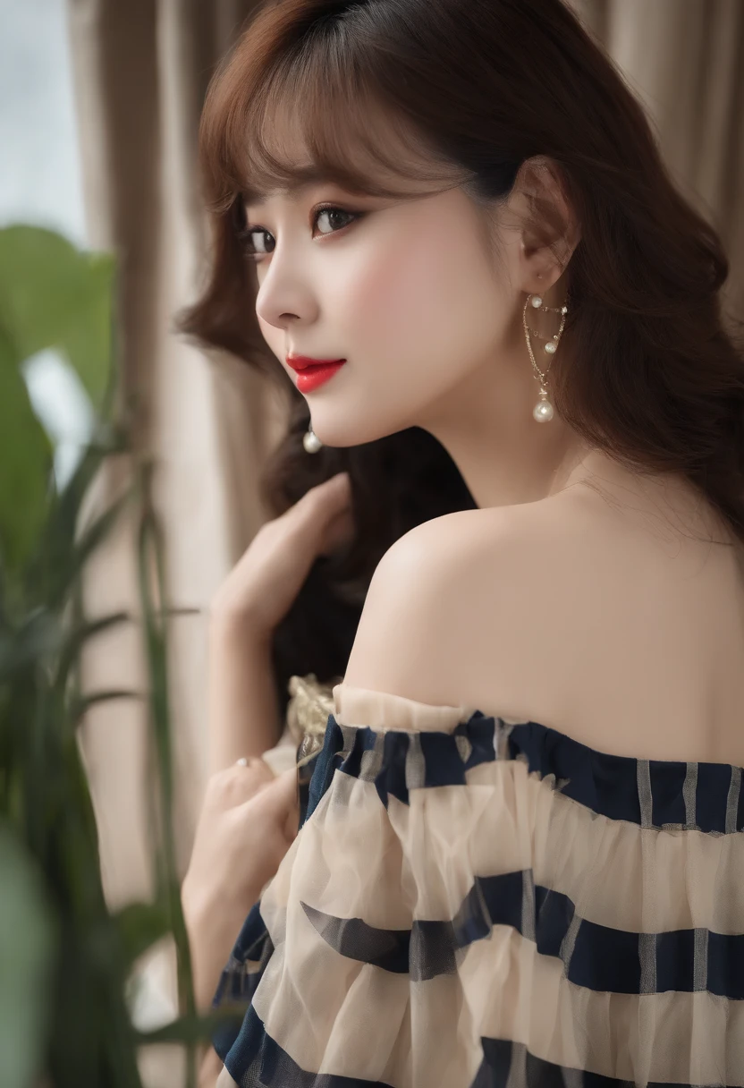 ((top-quality、8K、masterpiece:1.3))、1girl in、Slim beautiful woman:1.3、(Casual Hairstyles、huge tit:1.2)、Casual clothing:1.2、By the sea、Super Detail Face、Delicat eyes、二重まぶた、kindly smile