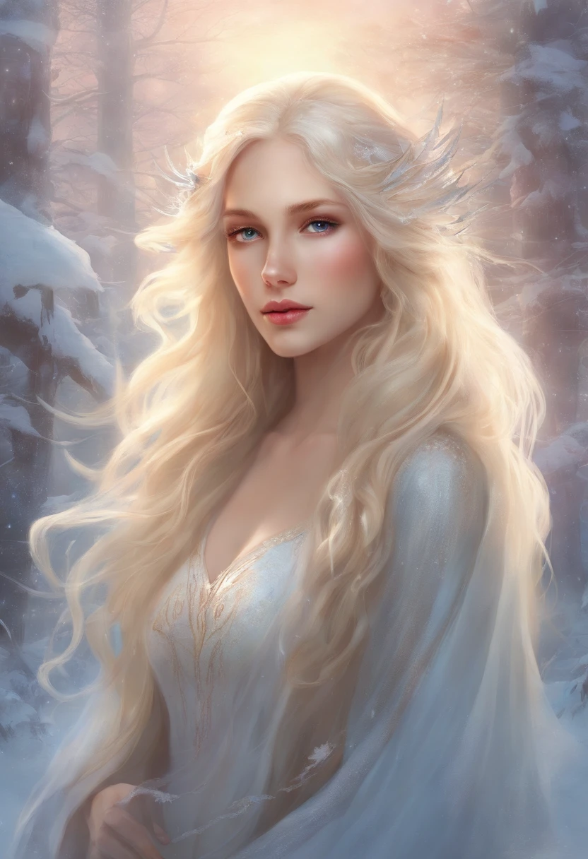She had long blonde hair and skin as pale as the snow. Her lashes were long and white, while her eyes were a crystal blue. Her lips were full and red as blood. She had an angelic look. A Guardian.