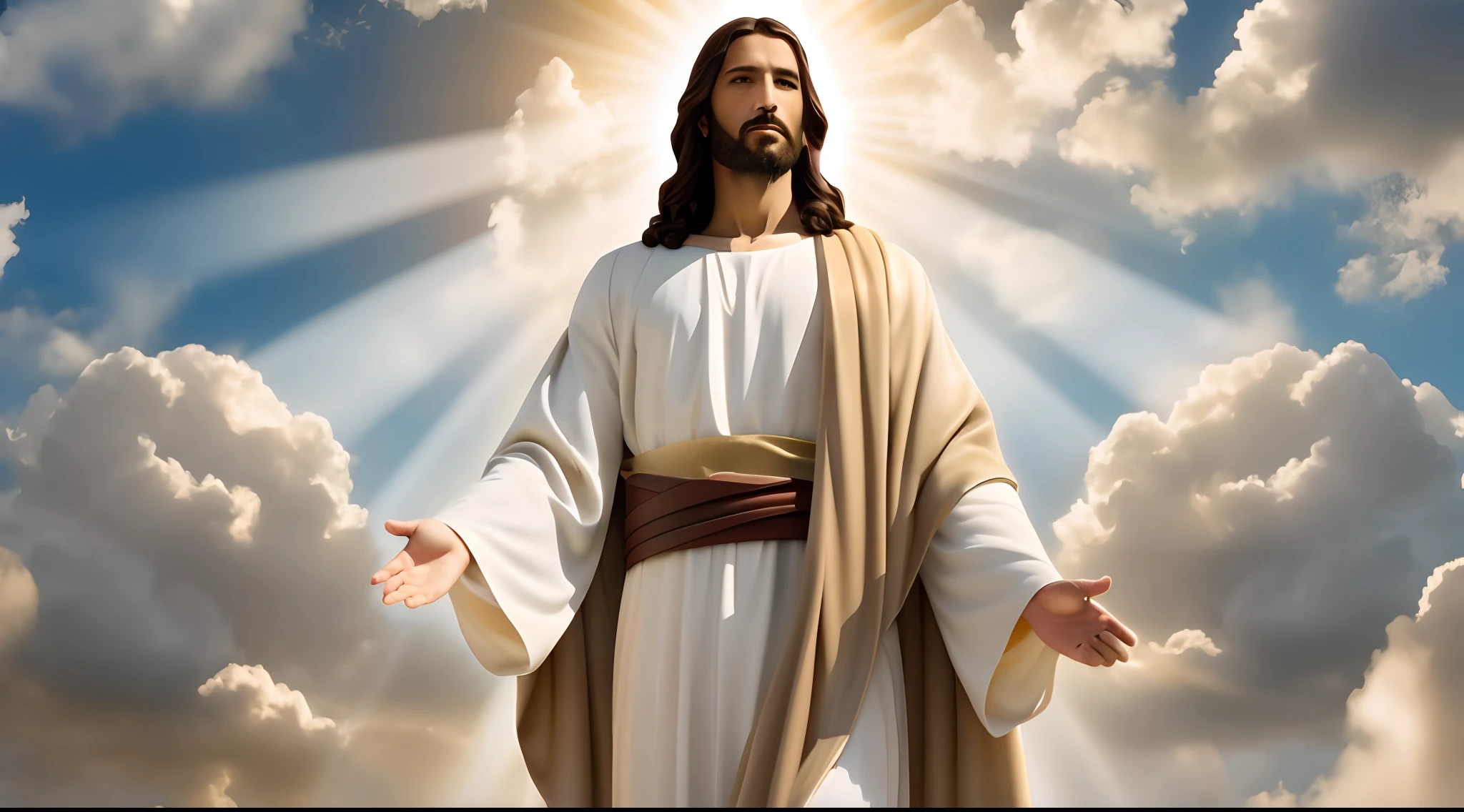 Image of Jesus standing in the clouds with his arms outstretched, Jesus Cristo, Jesus, he is greeting you warmly, O Senhor e Salvador, Vestido como Jesus Cristo, Raios de Luz Sagrada Sagrada, Jovem Deus Todo-Poderoso, jesus of nazareth, deus raios solares, Retrato de Jesus Cristo, Obra-prima da luz brilhante, Segunda vinda, Deus olhando para mim, luz celestial, maximum quality, maximum details, imagem realista, ultrarrealista, Maximum quality in everything