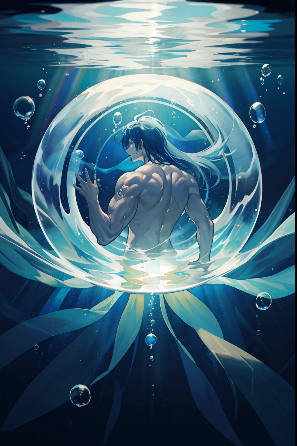 masterpiece, best quality, 1 male, adult, mature, tall muscular guy, Dark theme, Magic circle, bubble, rainbow Sunlight, Underwater, Reflected mirror, floating piece of Glass, Rainbow light, Bubble Swirling, wind Swirling, Aurora, fantasy scenery, Starlight around the character, (upper body)