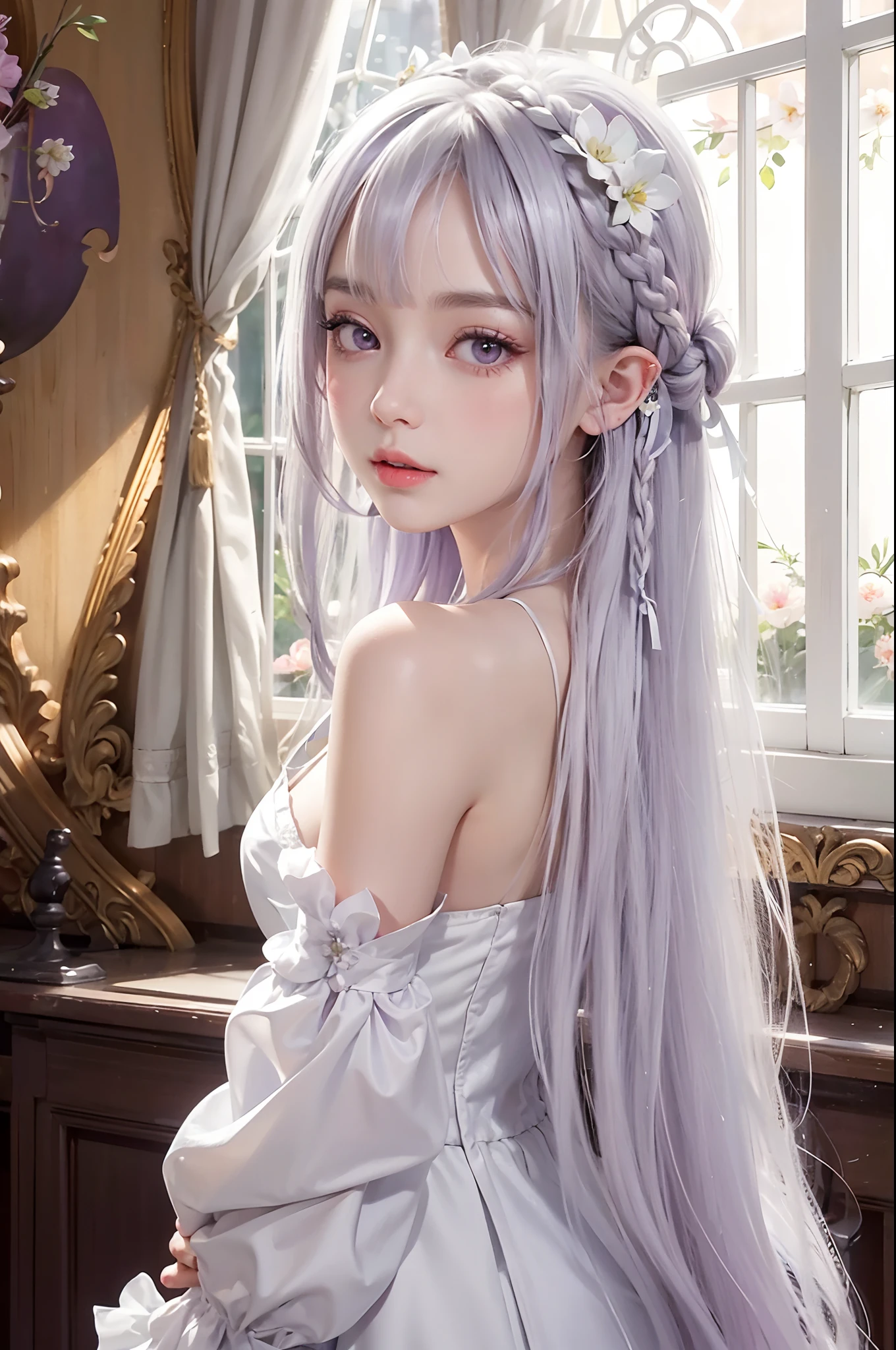 emilia \(re:zero\), 1girl, curtains, long hair, hair ornament, window, purple eyes, bangs, pointy ears, braid, flower, bare shoulders, hair flower, dress, looking at viewer, indoors, solo, silver hair, white dress, blunt bangs, closed mouth, blush, breasts, white flower, eyebrows visible through hair