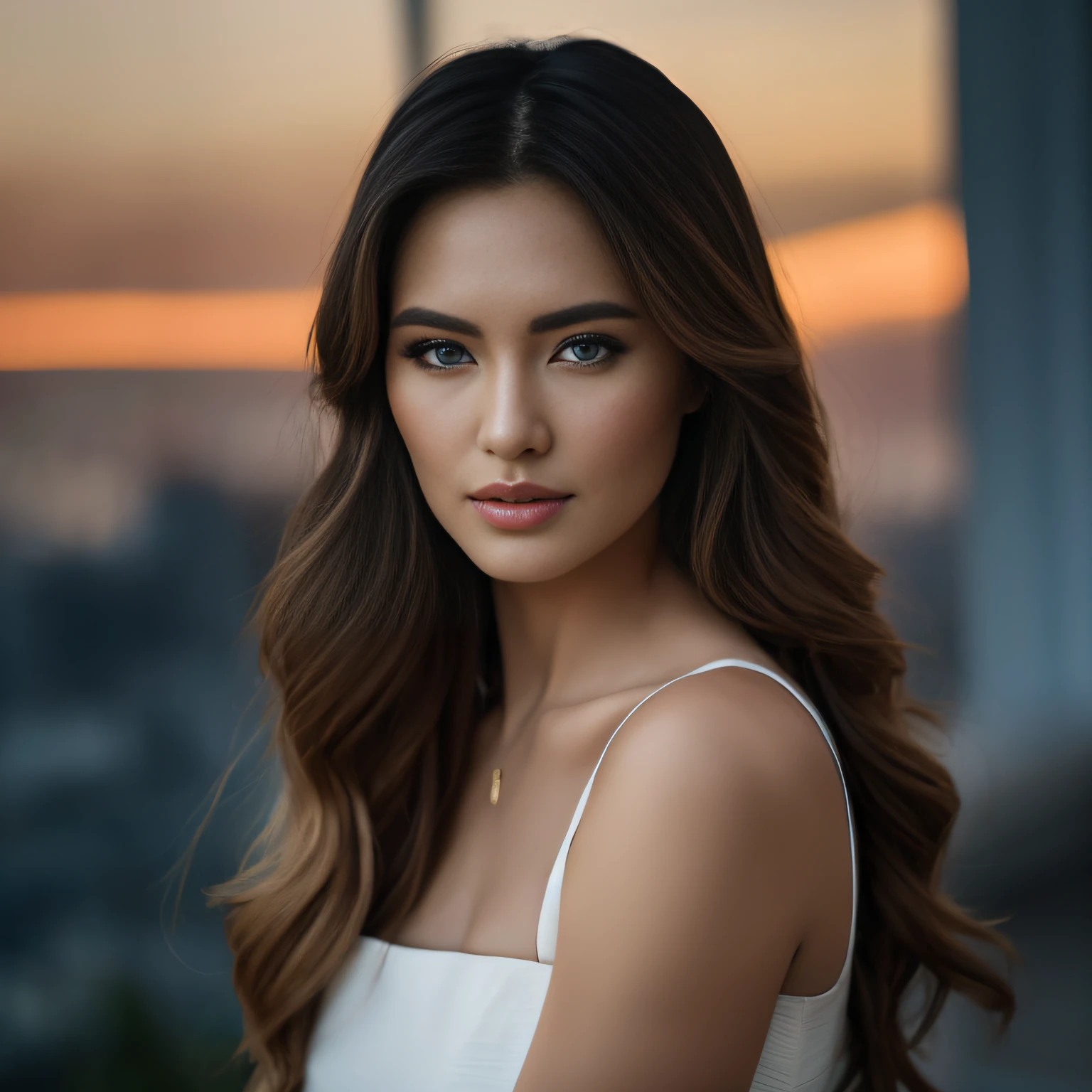 arafed woman with long hair and a white dress posing for a picture, photo of a beautiful woman, gorgeous female jade tailor, portrait of a beautiful model, backlit beautiful face, medium portrait soft light, gorgeous attractive face, natasha tan maciej kuciara, 50mm portrait, beautiful female model, soft portrait shot 8 k, cinematic headshot portrait, deep blue eyes