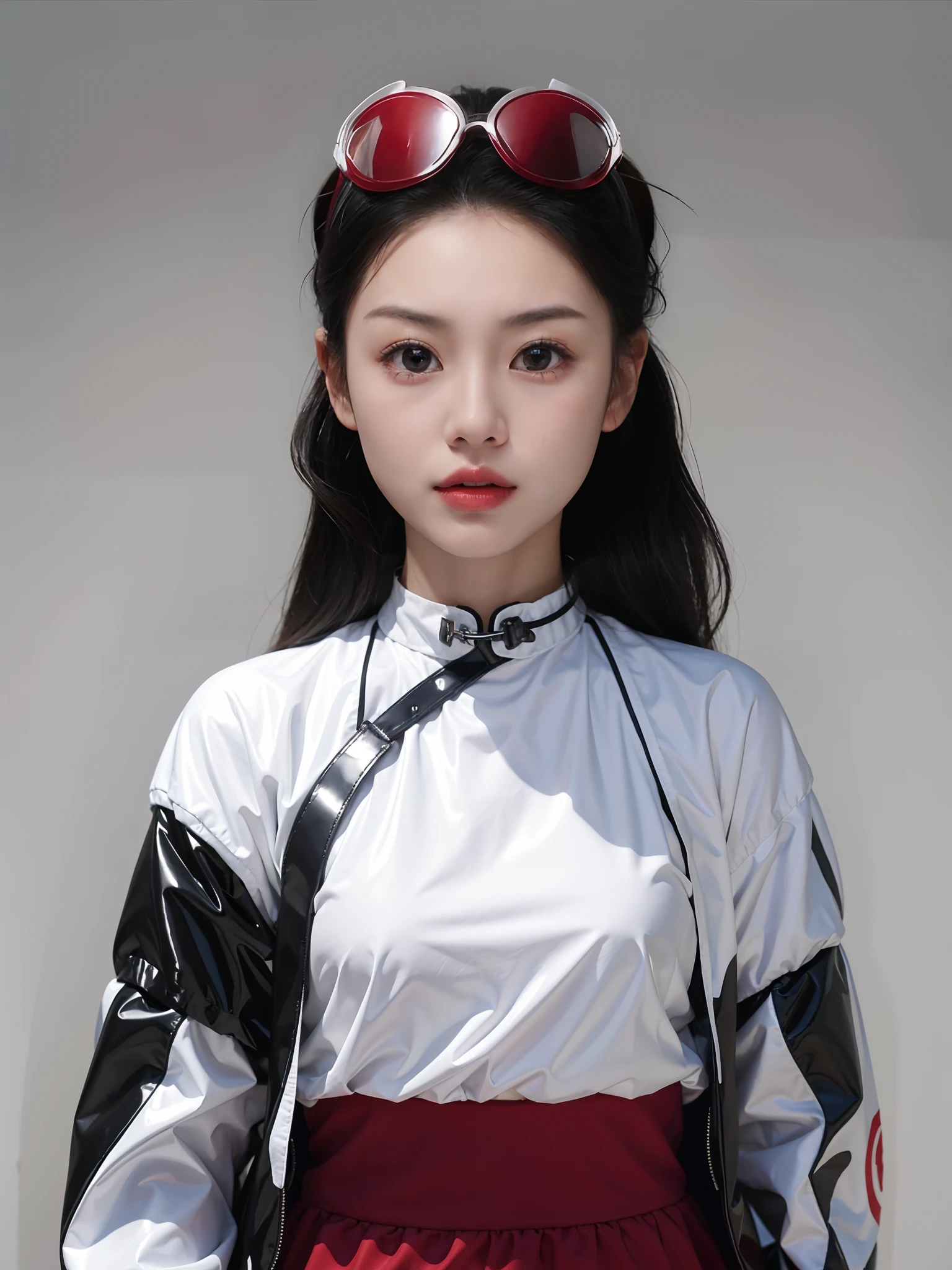 A Chinese girl,Wearing PVC white sportswear,There are clasps。