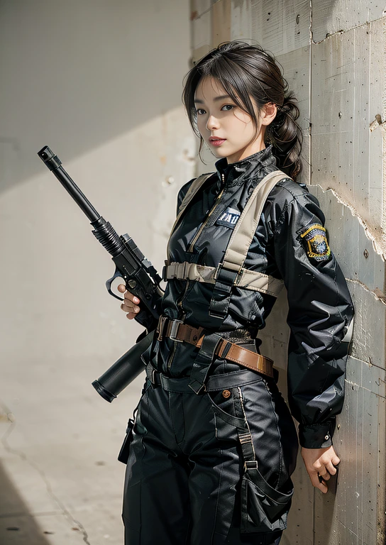Highest image quality, outstanding details, ultra-high resolution, (realism: 1.4), (cowboy shot, from behind, looking away), highly condensed 1girl, with a delicate and beautiful face, battle posture,  ((holding a gun at the ready)), ponytail, captain, (perfect proportion, muscular:1.25, chubby:0.65), (wearing racing suit likes police uniform, black and gray mecha, wearing a visor, military harness, hanging grenades at harness, holding a machinegun), background simple grey wall,