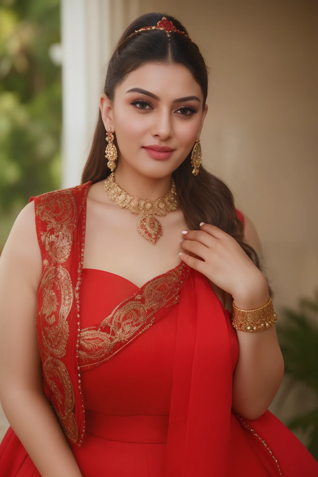 Day scene, close up photo of a sexy Indian queen, posing in a palace, big cheeks, curvy, super stylish red dress with wide open breasts, accessories, earrings, necklace, erotic face, 36 yo, ponytail, look at viewer and smile, (cinematic:1.3), intricate details, (ArtStation:1.2)