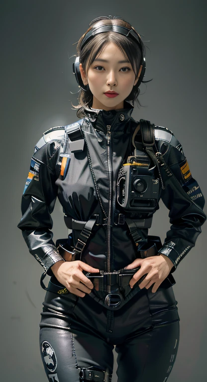 (cloths color ratio black:0.3 white:0.5 other-color:0.2), (wearing rash-guard likes police uniform, black and gray mecha, wearing high-tech heavy gasmask, military harness)