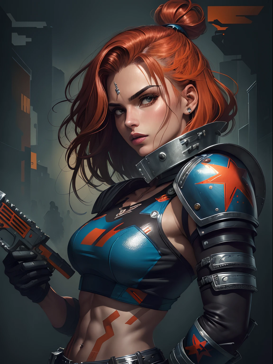 (((mulher))), (((melhor qualidade))), (((obra prima))), (((adulto))), (((1girl))), ((( corte de cabelo bob ))), Uma gladiadora cyberpunk mulher de 25 anos com corpo perfeito, shoulder pads with metal spines, Gladiadores do Brooklyn, (( corte de cabelo bob )), tiny leather panties, camiseta de time de rugby rasgada, quase nua no estilo selvagem urbano de Simon Bisley para a capa da revista Heavy Metal, Cabelo loiro curto, Minimum clothing, Metal protection on the left arm with intricate graphics, dark orange with white stars and checkerboard pattern white and navy blue and copper, armadura, cheio de pontas e rebites, (((do joelho pra cima))), cabelos loiro branco curto, no fundo uma parede pintada por Shepard Fairey com um design intrincado