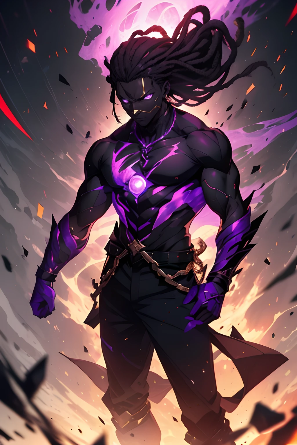 A black person in the anime bleach art with metalic shining purple eyes a a dark obsidean shikai he has dreads  and is dressed up as a soul reaper but from toro upwards 
is shirtless
