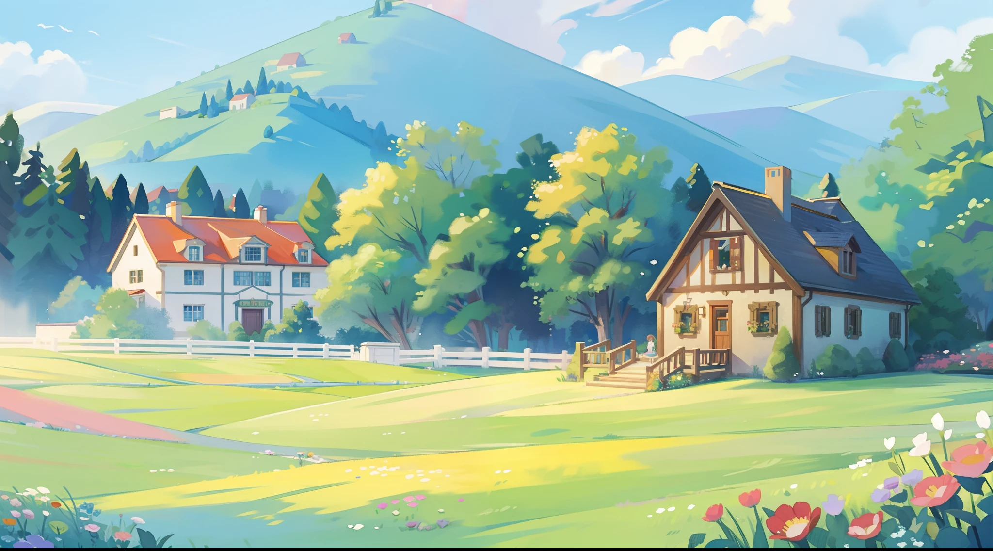 countryside fantasy, watercolor illustration, whimsical, vibrant warm colors, huge overgrown cottage mansion, sharp details, meadow, vines, colorful flowers, perfect architecture