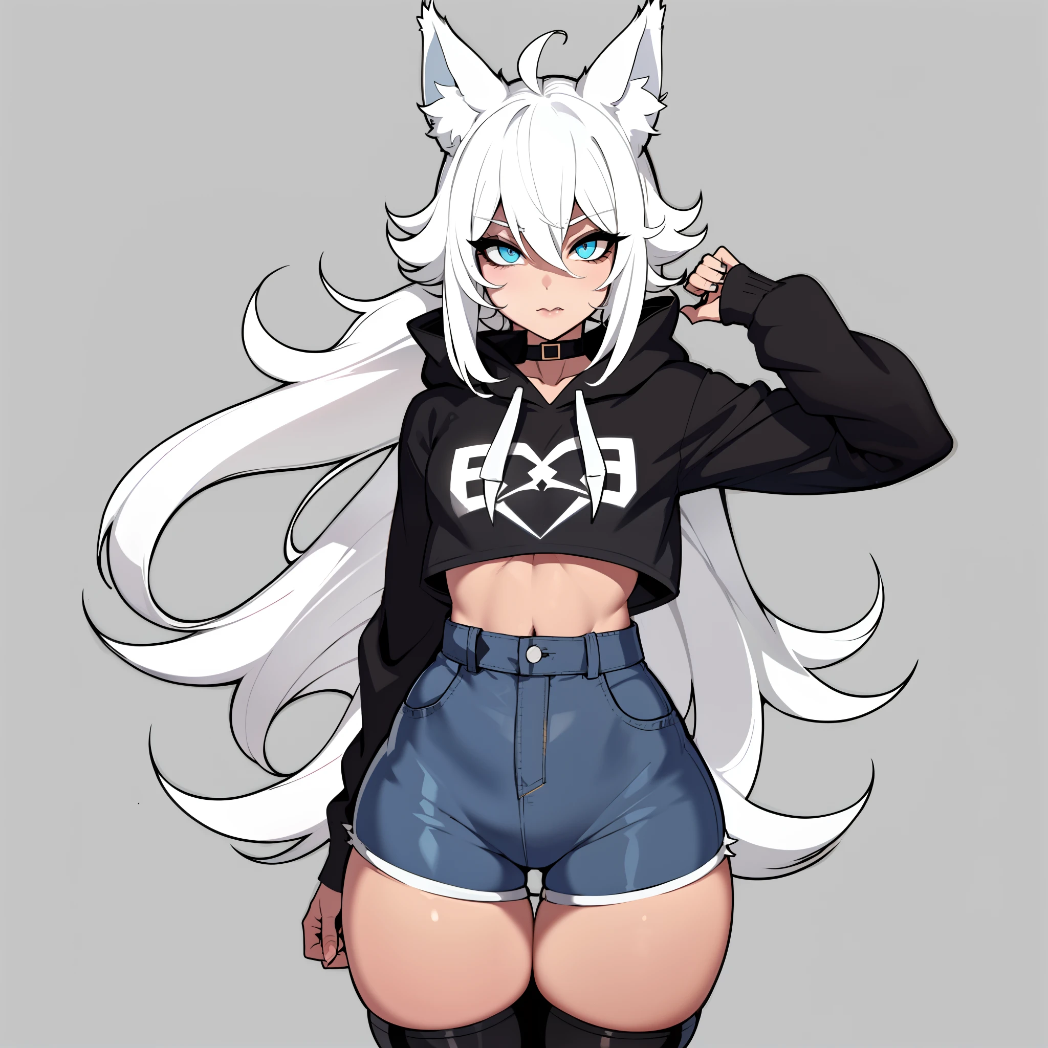 Single boy, Anime Femboy, Short, Long white hair, wolf ears, wolf tail, blue eyes, wearing jean short shorts, thigh high socks, black combat boots, wearing cropped black hoodie, flat chest, super flat chest, solo femboy, only one femboy ((FLAT CHEST)), wide hips, thicc thighs, happy, nice butt, Lobo