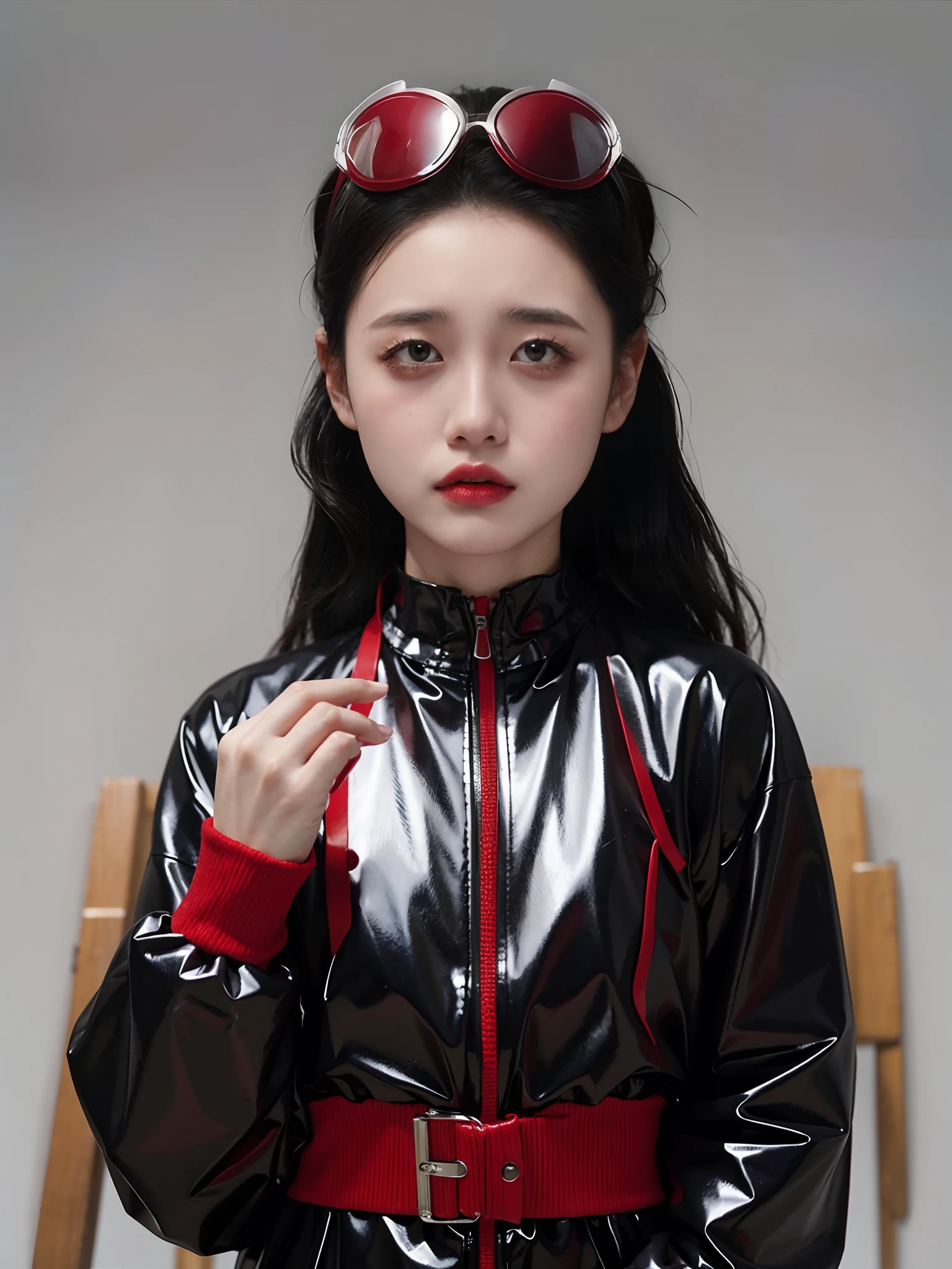 A Chinese girl,Wearing PVC red tracksuits,There are clasps。