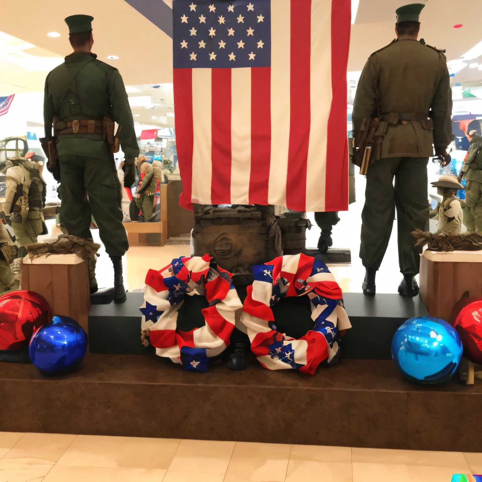 Display of patriotic items in a mall with a flag and other decorations, Obra-prima, hight decorado, soldados mortos, Veterano condecorado da Guerra Civil, Obra-prima maravilhosa, large stone statues of heroes, ww 2, ww 2, Em cima de um pico em Darien, um tiro largo e cheio, closeup - view, 🕹️ 😎 🔫 🤖 🚬, obra-prima vencedora do concurso