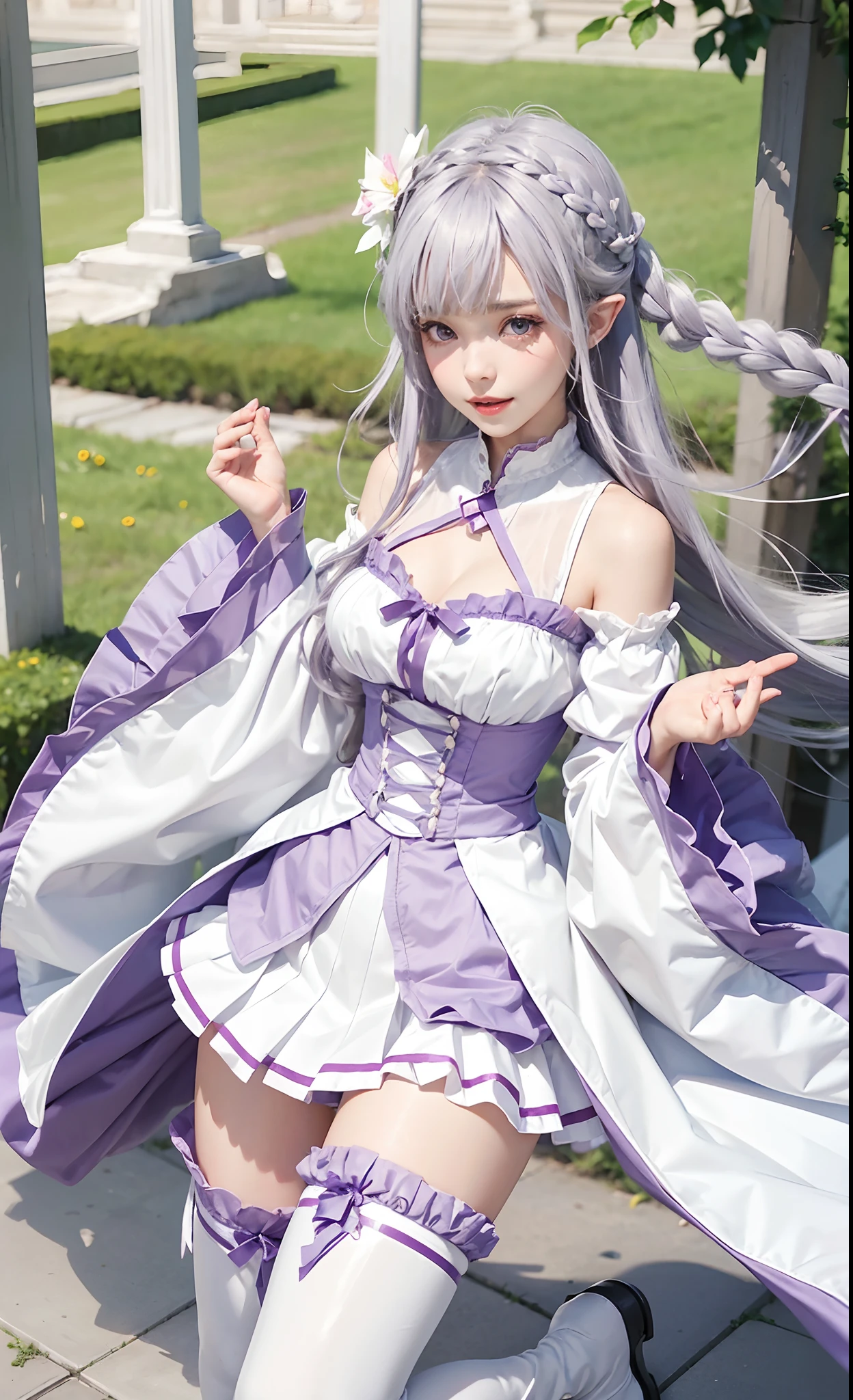 emilia \(re:zero\), hair ornament, 1girl, long hair, bangs, thighhighs, flower, hair flower, braid, pointy ears, purple eyes, hair ribbon, pleated skirt, ribbon, breasts, medium breasts, white flower, skirt, detached sleeves, miniskirt, blunt bangs, boots, bare shoulders, white legwear, wide sleeves, smile, looking at viewer, cleavage, outdoors, blush, eyebrows visible through hair, purple ribbon, silver hair, thigh boots, very long hair, dress, low-tied long hair, day, zettai ryouiki, solo, open mouth, clenched hands