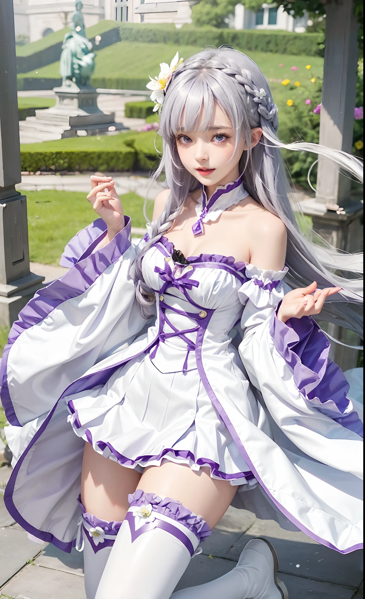 emilia \(re:zero\), hair ornament, 1girl, long hair, bangs, thighhighs, flower, hair flower, braid, pointy ears, purple eyes, hair ribbon, pleated skirt, ribbon, breasts, medium breasts, white flower, skirt, detached sleeves, miniskirt, blunt bangs, boots, bare shoulders, white legwear, wide sleeves, smile, looking at viewer, cleavage, outdoors, blush, eyebrows visible through hair, purple ribbon, silver hair, thigh boots, very long hair, dress, low-tied long hair, day, zettai ryouiki, solo, open mouth, clenched hands