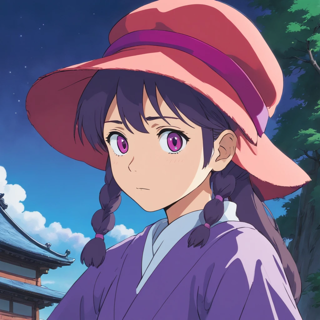 A close-up of a person wearing a red hat and purple outfit, Ghibli Moebius, estilo de Hayao Miyazaki, Estilo en el anime Ghibli, Estilo en estilo anime ghibli, por miyazaki, Miyazaki Film, Ghibli animated film, Hayao Miyazaki\Films of, miyazaki movie, high quality anime movie still