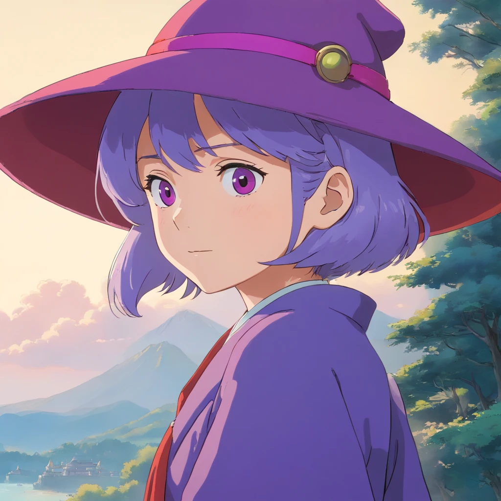 A close-up of a person wearing a red hat and purple outfit, Ghibli Moebius, estilo de Hayao Miyazaki, Estilo en el anime Ghibli, Estilo en estilo anime ghibli, por miyazaki, Miyazaki Film, Ghibli animated film, Hayao Miyazaki\Films of, miyazaki movie, high quality anime movie still