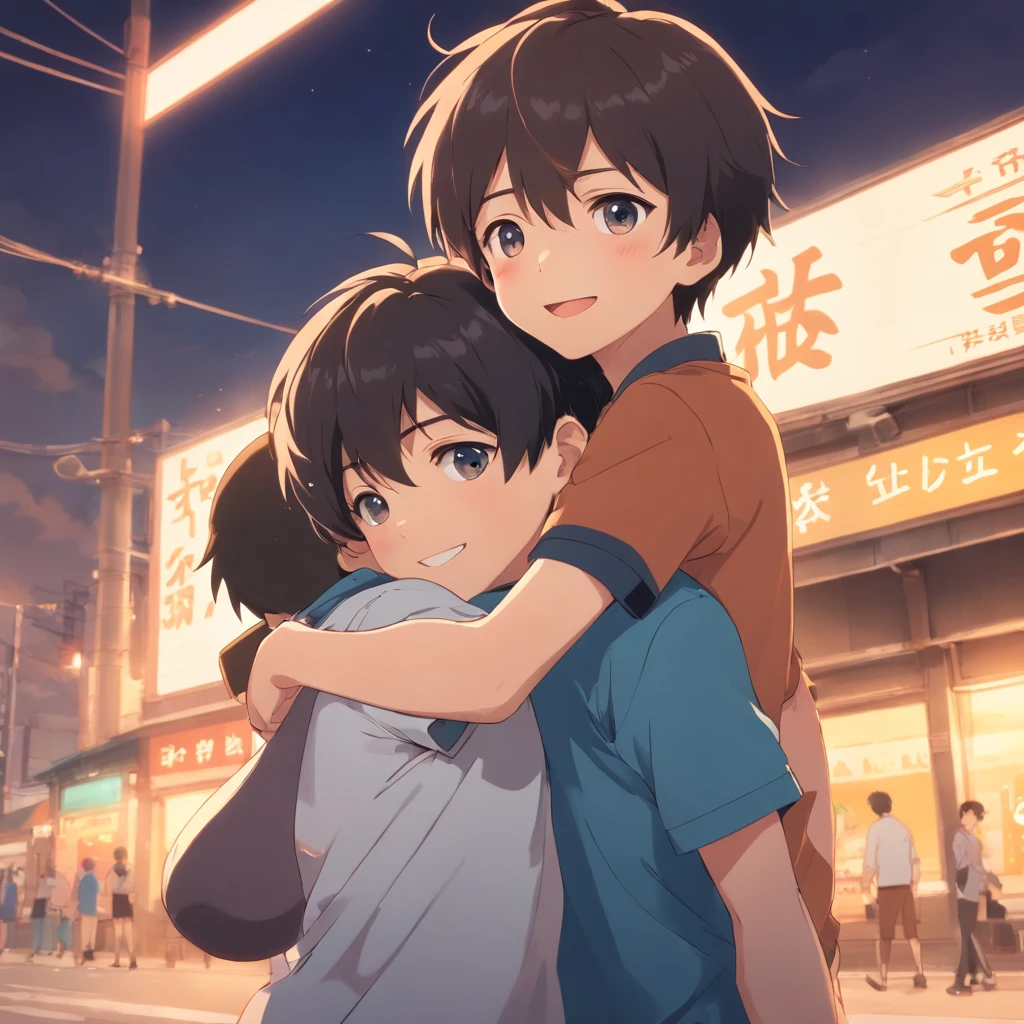 Close-up of cartoon characters with 2 little boys hugging and playing together, A strong, black-haired, smiling little boy puts his arm around another cute little boy with tiger teeth screaming, 2 cute anime boys,Shota character, cute character, Cute Art，The background is clean and minimalist，With Chinese subtitles：Brother Dust, I'm wrong