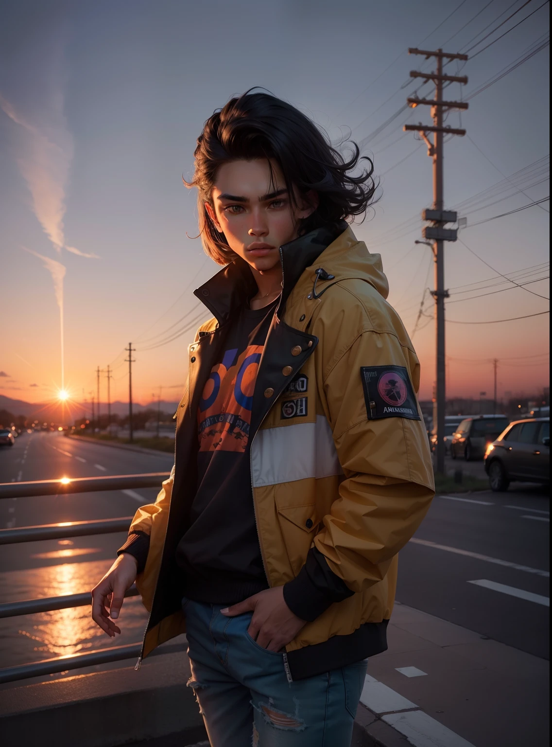 Jacket, cool background, shirt, sunset, aesthetic