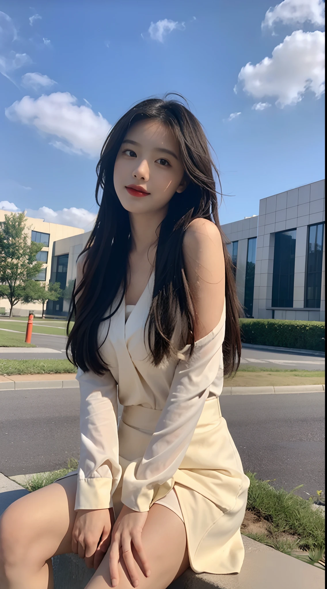 ((Best Quality, 8K, Masterpiece:1.3)), A beautiful girl, pure, melon face, gentle and cute, sweet smile, pure desire, thin figure, (frontal), (tilted head), looking directly at the camera, uniform, obi, formal, black silky long straight hair, long hair flowing over the shoulders, round black big eyes, clear big eyes, moist red lips, sweet, sitting on the side of the road, blue sky and white clouds, grass, buildings,