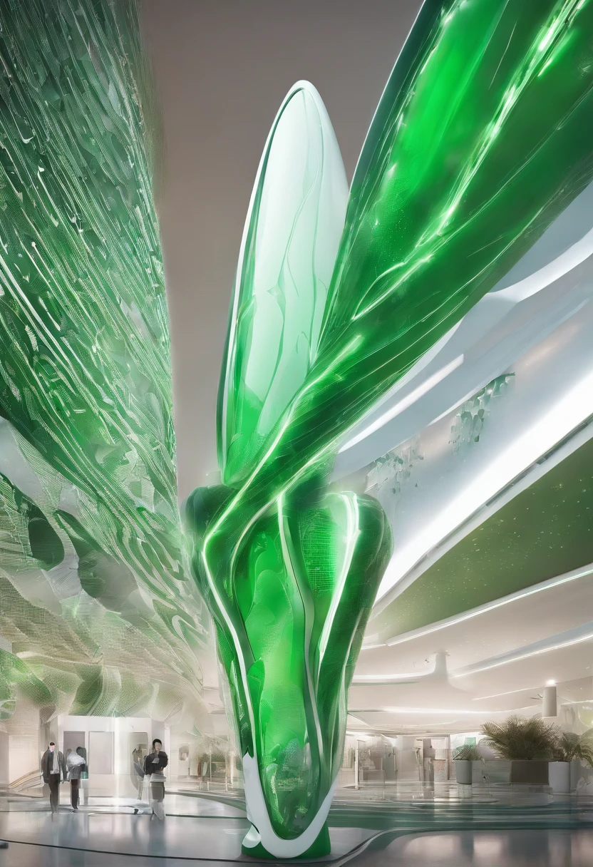 Green source circulator，Elegant curved shape，The body is cylindrical，white backgrounid，Show on the，The outer surface is covered with a layer of green plastic，With dotted textures，The overall color is mainly green and white，On the side there is the inscription Green Source Circulator，Compact appearance，Intelligent，trendy look，environment friendly，Portable，control panels，。Outlet，Status indication，hyper HD。Product design，