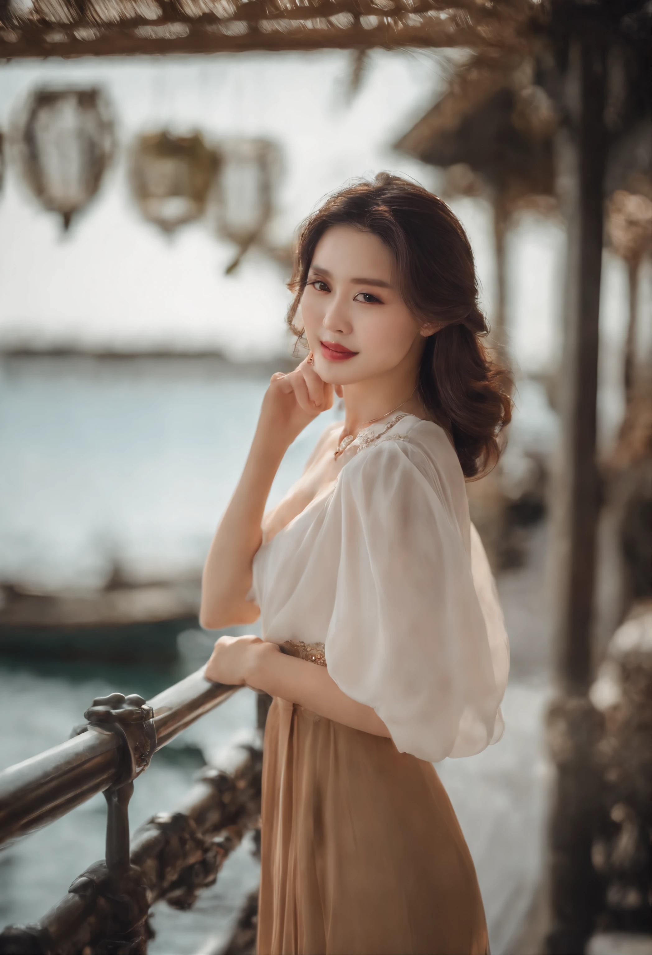 ((top-quality、8K、masterpiece:1.3))、1girl in、Slim beautiful woman:1.3、(Casual Hairstyles、huge tit:1.2)、Casual clothing:1.2、By the sea、Super Detail Face、Delicat eyes、二重まぶた、kindly smile