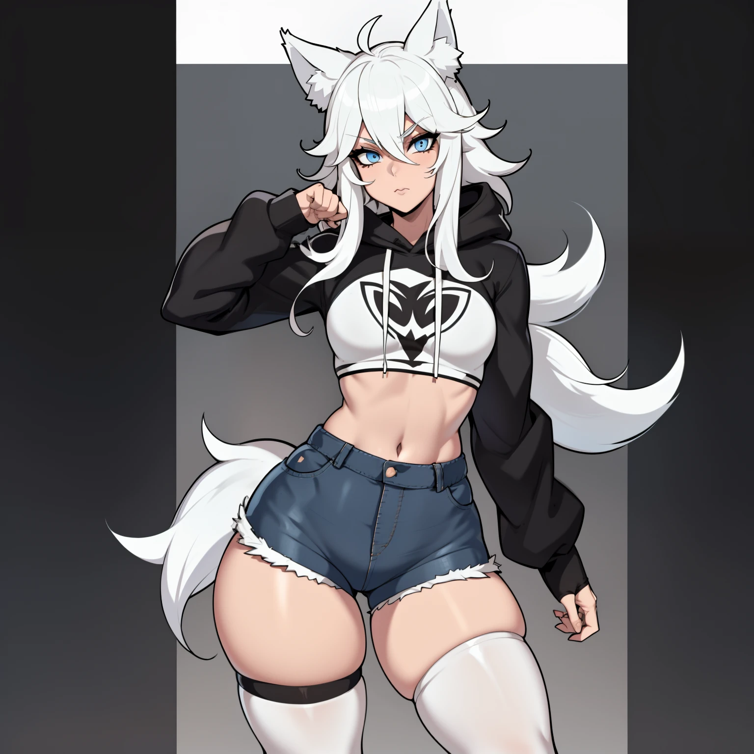 Single boy, Anime Femboy, Short, Long white hair, wolf ears, wolf tail, blue eyes, wearing jean short shorts, thigh high socks, black combat boots, wearing cropped black hoodie, flat chest, super flat chest, solo femboy, only one femboy ((FLAT CHEST)), wide hips, thicc thighs, happy, nice butt