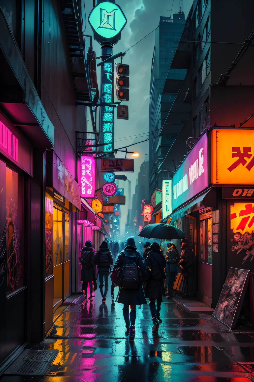 vibrant color details, best quality, masterpiece, illustrations, extremely detailed, new york city themed cyberpunk broken down dark city, ghetto, graffiti on buildings, art murals, street filled with billboard neon light ads, streets lit by light posts and neon signs, Japanese style, a few people walking through the street, dark stormy night.