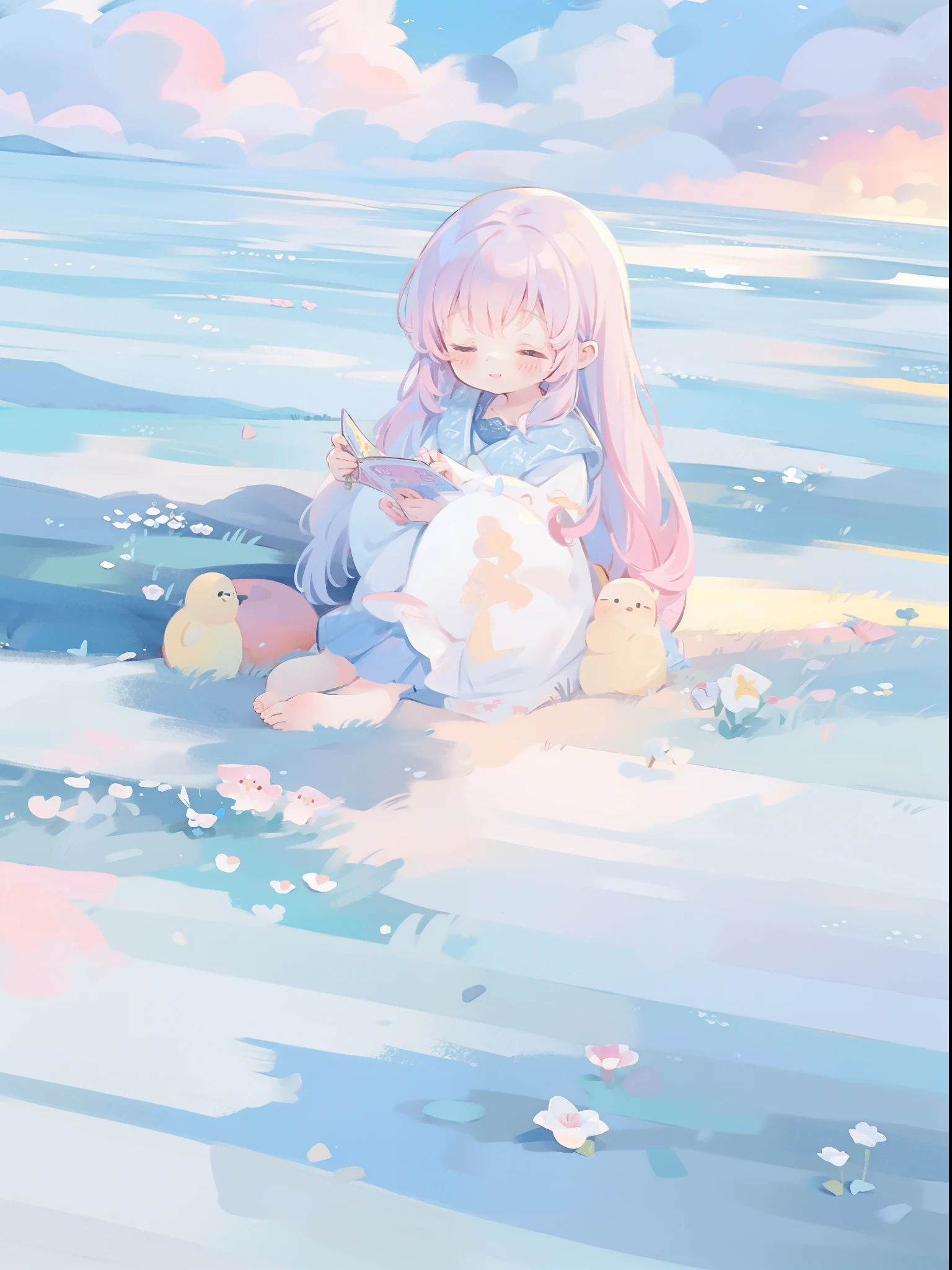 Anime girl sitting on the beach with a globe and stuffed animals ...