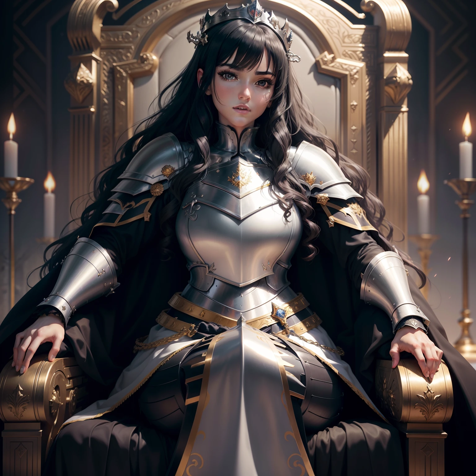 best quality,ultra-detailed,realistic,anime style,beautiful detailed eyes, black hair, wavy hair, beautiful detailed lips,heavy armor, silver armour, long flowing cape, golden crown, detailed knight armor, royal duchess, regal pose, throne room background, vivid colors,soft lighting, full body shot
