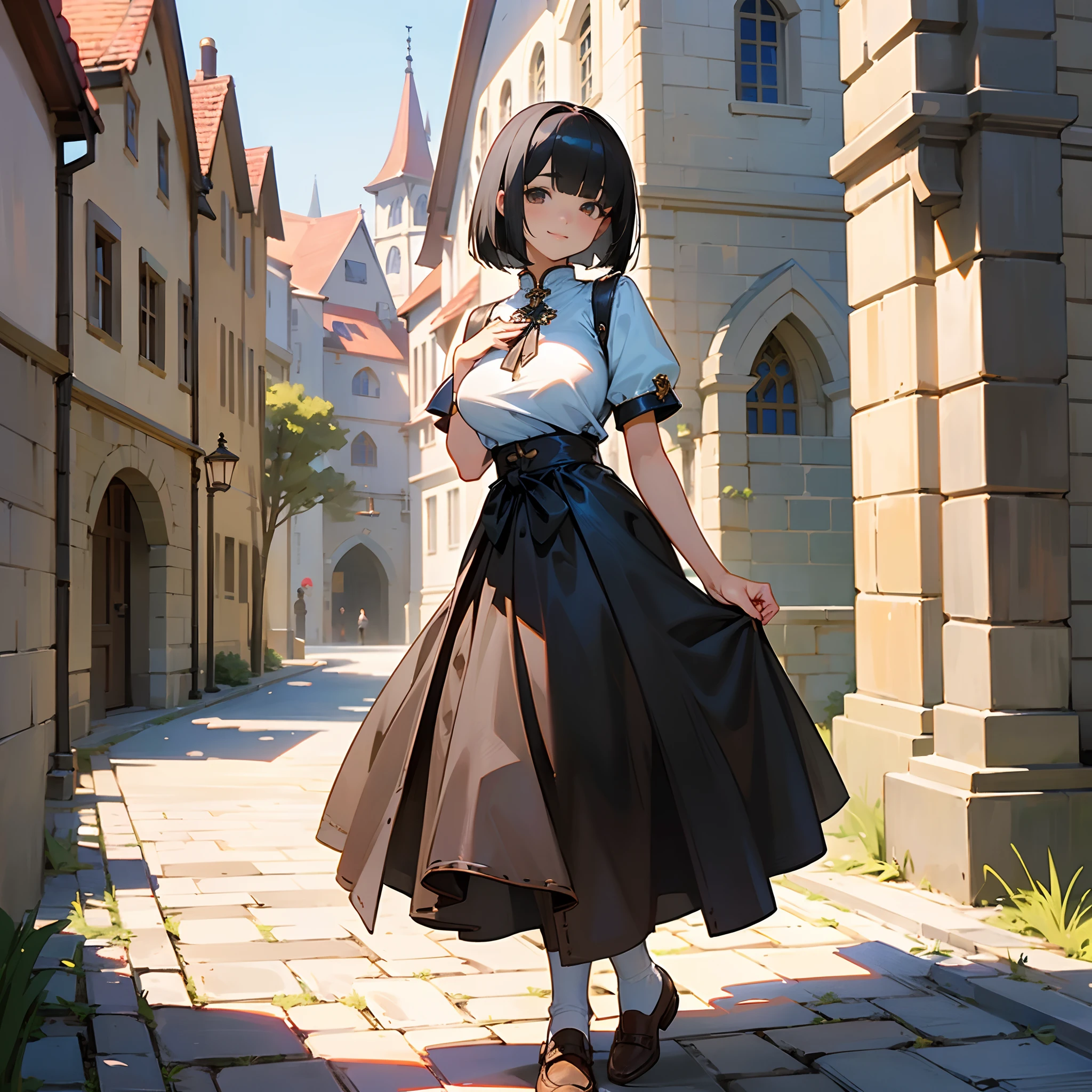 With the best image quality、Teenage girl standing alone outdoors。In high resolution、Beautiful fine details、tranquil atmosphere。((Black Hair Bob Hair))、Cute smile。(((breasts are large)))、I don't have anything in my hands、realistic hand、Medieval European national costume with short sleeves、Medieval European Streets、Leather shoes。