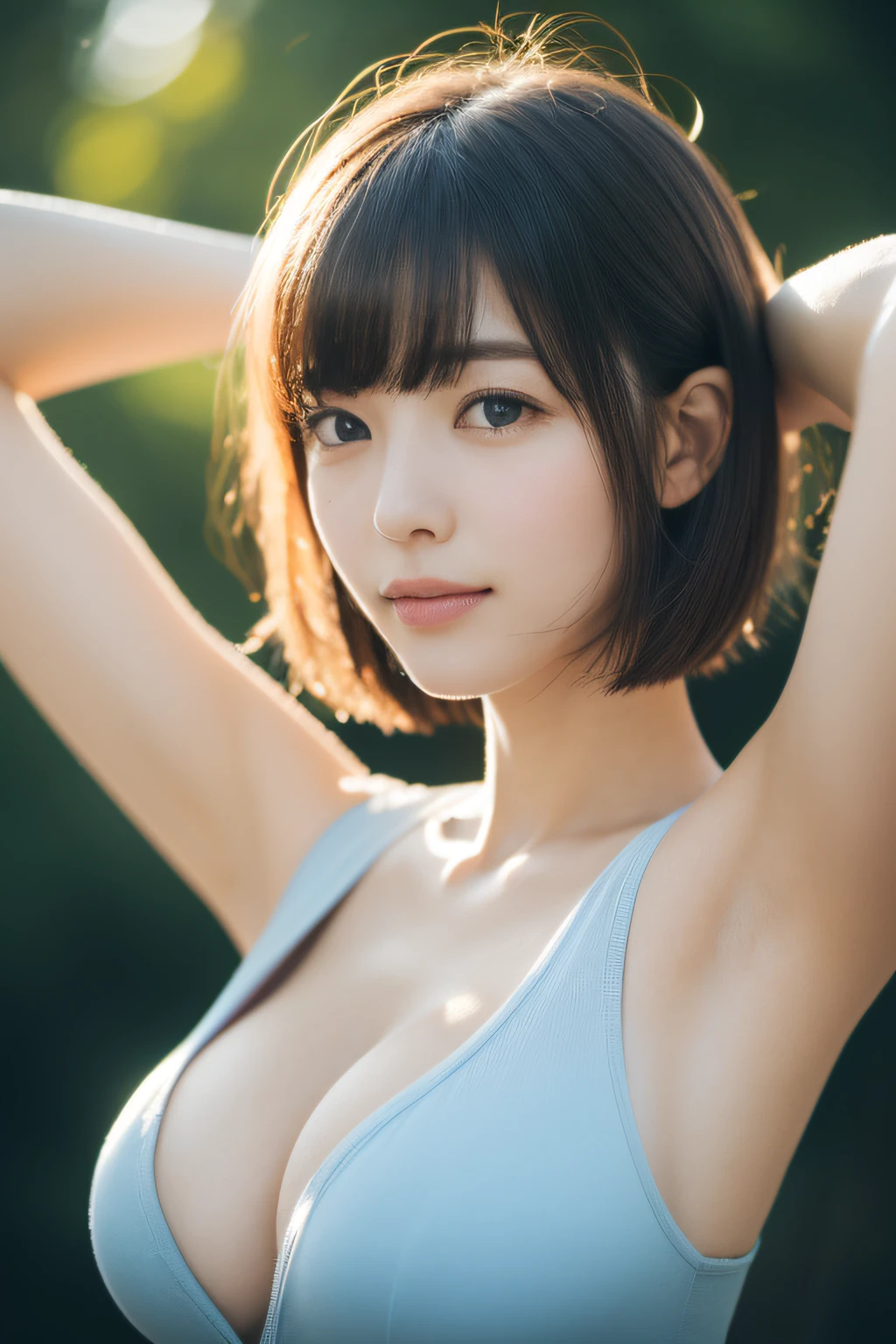 (short cut hair:1.4), breastsout, cleavage of the breast, Blue-eyed, (perfect glossy shiny skins:1.3), (1girl in), (Best Quality、8K, Raw photography, top-quality, masterpiece:1.2), (Photorealsitic:1.37), (Exquisitely detailed), Ultras_Color, (realisitic), hightquality, ultra-detailliert, (real looking skin), (intricate-detail), (Dramatic_light), (Beautiful_Detailed_light), lensflare, Ultras_Color, (Shining_Particle), (Bright_Dust_Particle), Professonal lighting, photon maping, hight resolution, ighly detailed, lighting like a movie, (beautiful tbig eyes)、lightsmile:1.2, High Nose Bridge,shinny eyes、(22 year old beautiful Japan woman)、(A perfectly proportioned face)、(lofty nose)、Beautiful composition、(slim)、(cleavage of the breast:1.5)、nice hand、perfect hand、(huge-breasted:1.2)、looking at the viewers、Dynamic Poses、Luminous particles、(shinny skin)、(fold your arms behind head:1.5)、Beautiful eyes、Beautiful face、