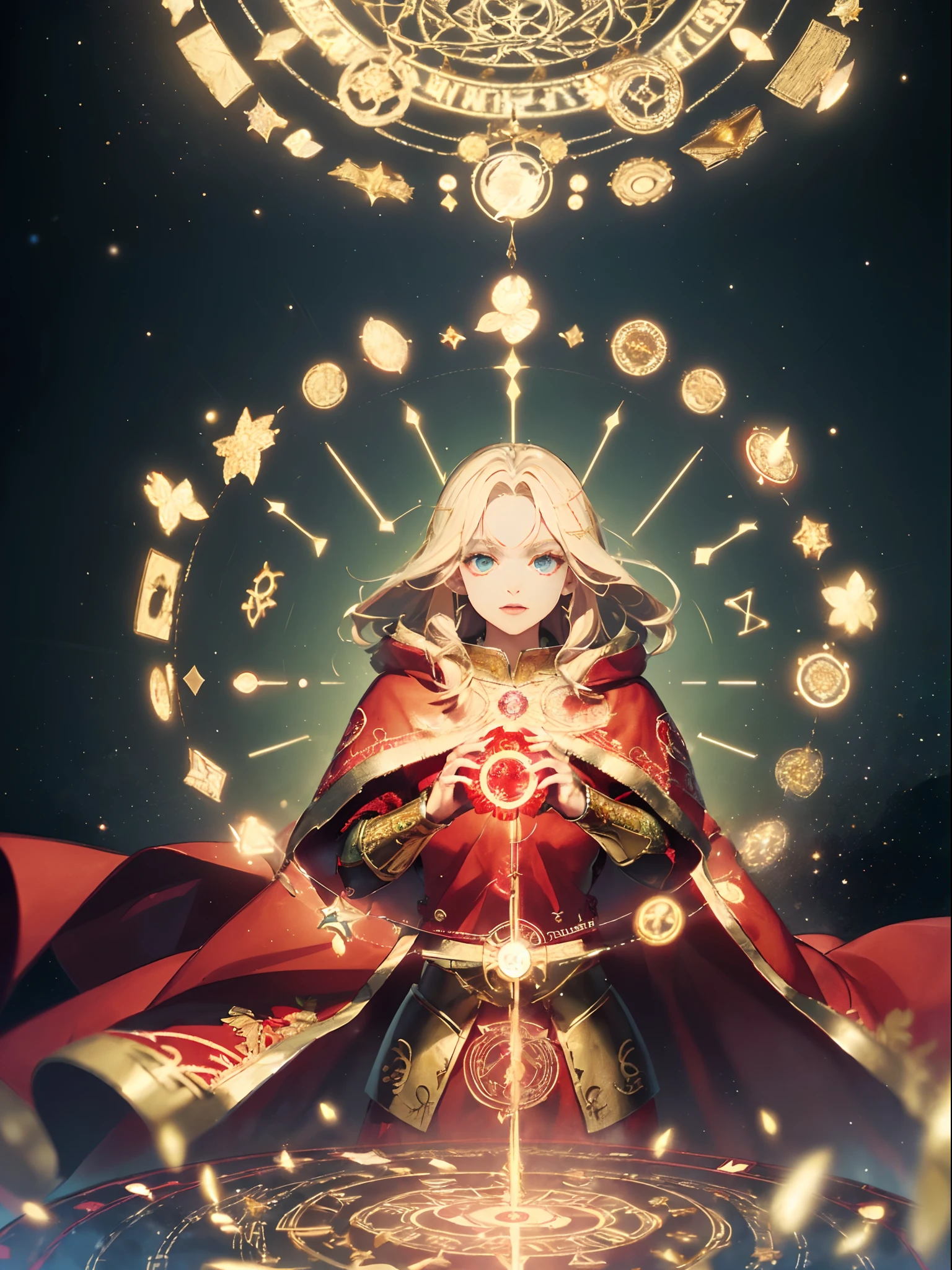 ((Masterpiece, highest quality, high definition, high detail)))), ((((Fantasy)))), one, (Elf woman)))), (short white skirt embroidered with gold), (Blonde long straight hair), (((bright dark blue eyes)))), (red cloak armor with gold embroidery:1.8)), Big, (Strong wind), (Cast spells)), (A lot of glowing grains are flying), ((( A vortex of light gathers in the hand))), (((Magic circle of light densely drawn with geometric patterns and magic letters in the background))), ((Many glowing green arrows are released)), forest, magic circle reflected in cloak
